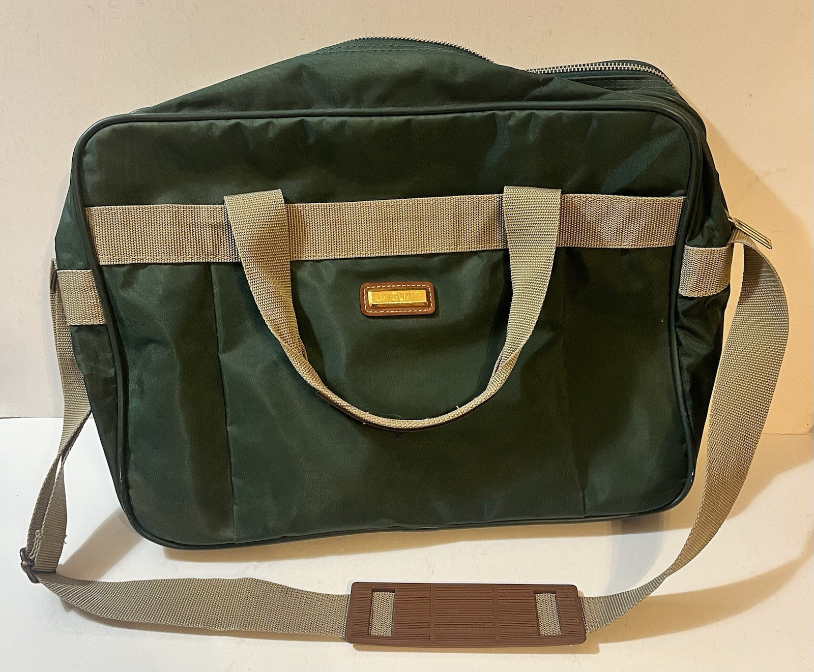 Vtg JAGUAR Weekender Dark Green Canvas Duffle Travel Tote Bag Metal Zippers EC