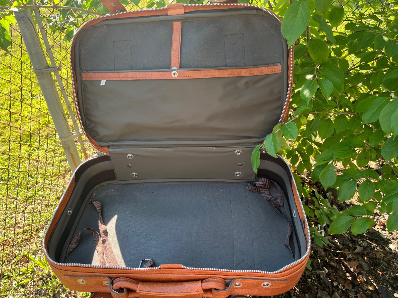 Vintage Tan Faux Leather Suitcase – 22” Retro Carry On Case W/ Buckles See Pics
