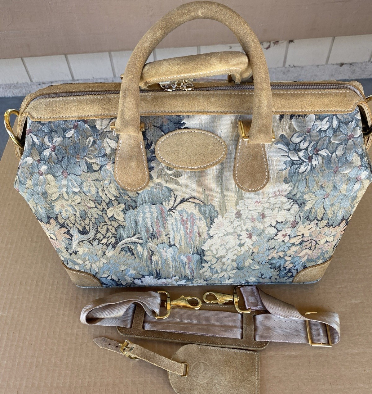 Vintage French Luggage Company Paradise Suede Tapestry Carry On Bag Made in USA