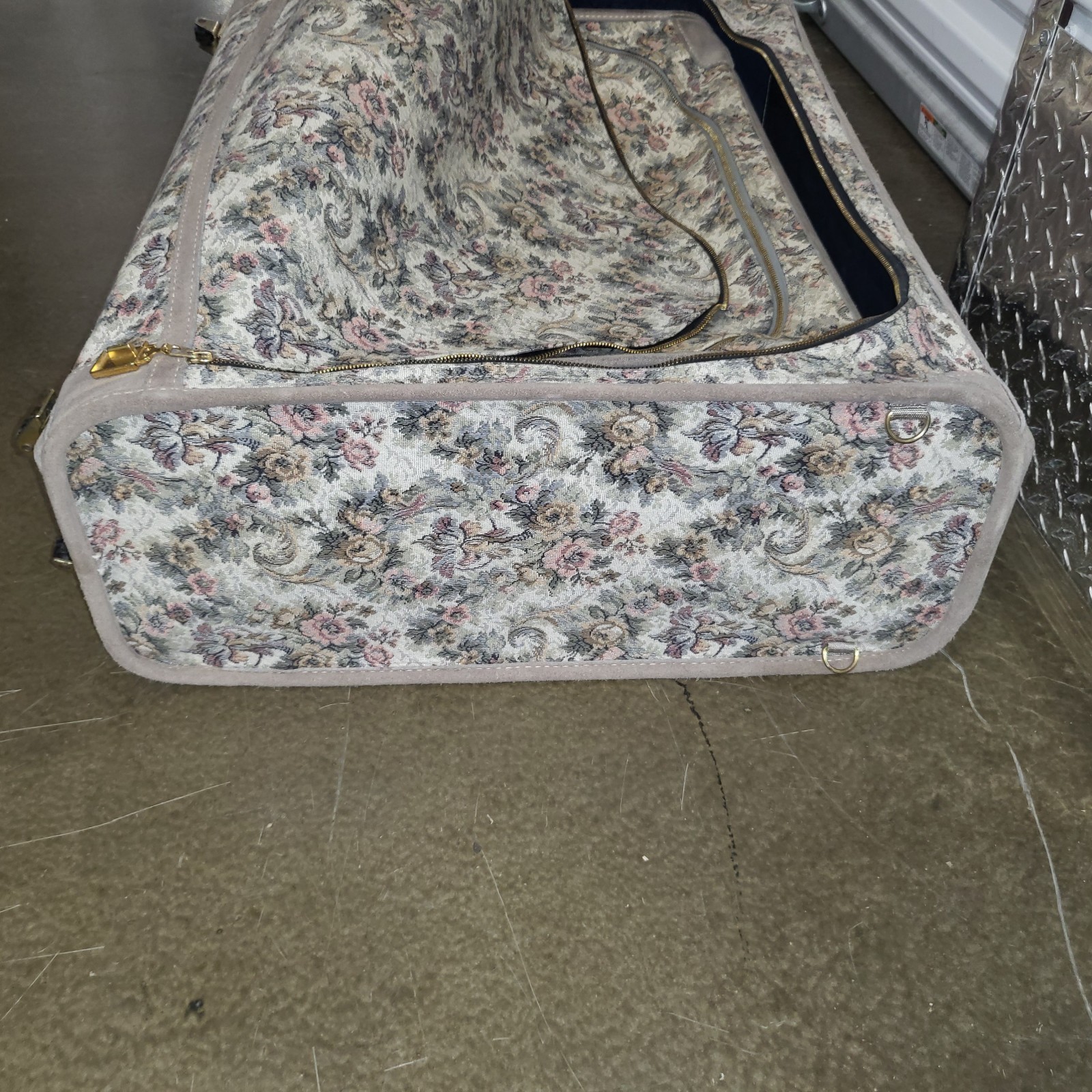 Two Vintage French Luggage Co Gray Floral Rose Tapestry & Suede Suitcases 23&28″