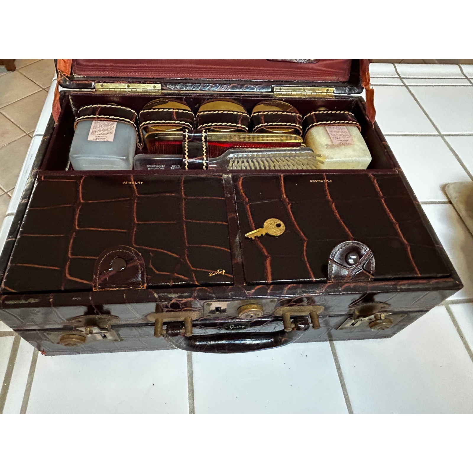 Vintage Embossed Leahter Gentlemen’s Travel Vanity Case, Fitted Interior