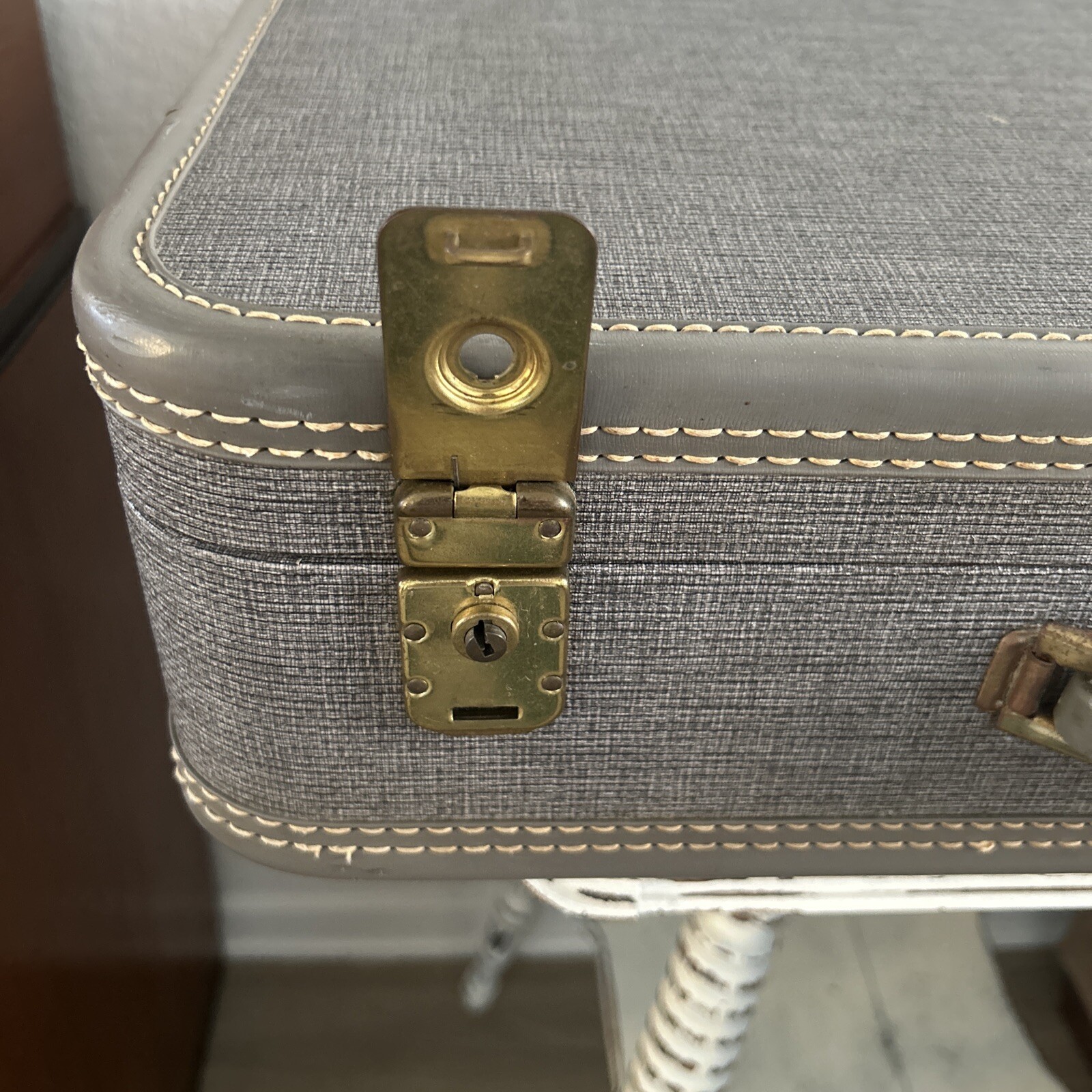 American Tourister Suitcase Gray Hard Shell Hi-Taper 1940s Orange Lining 24” EUC
