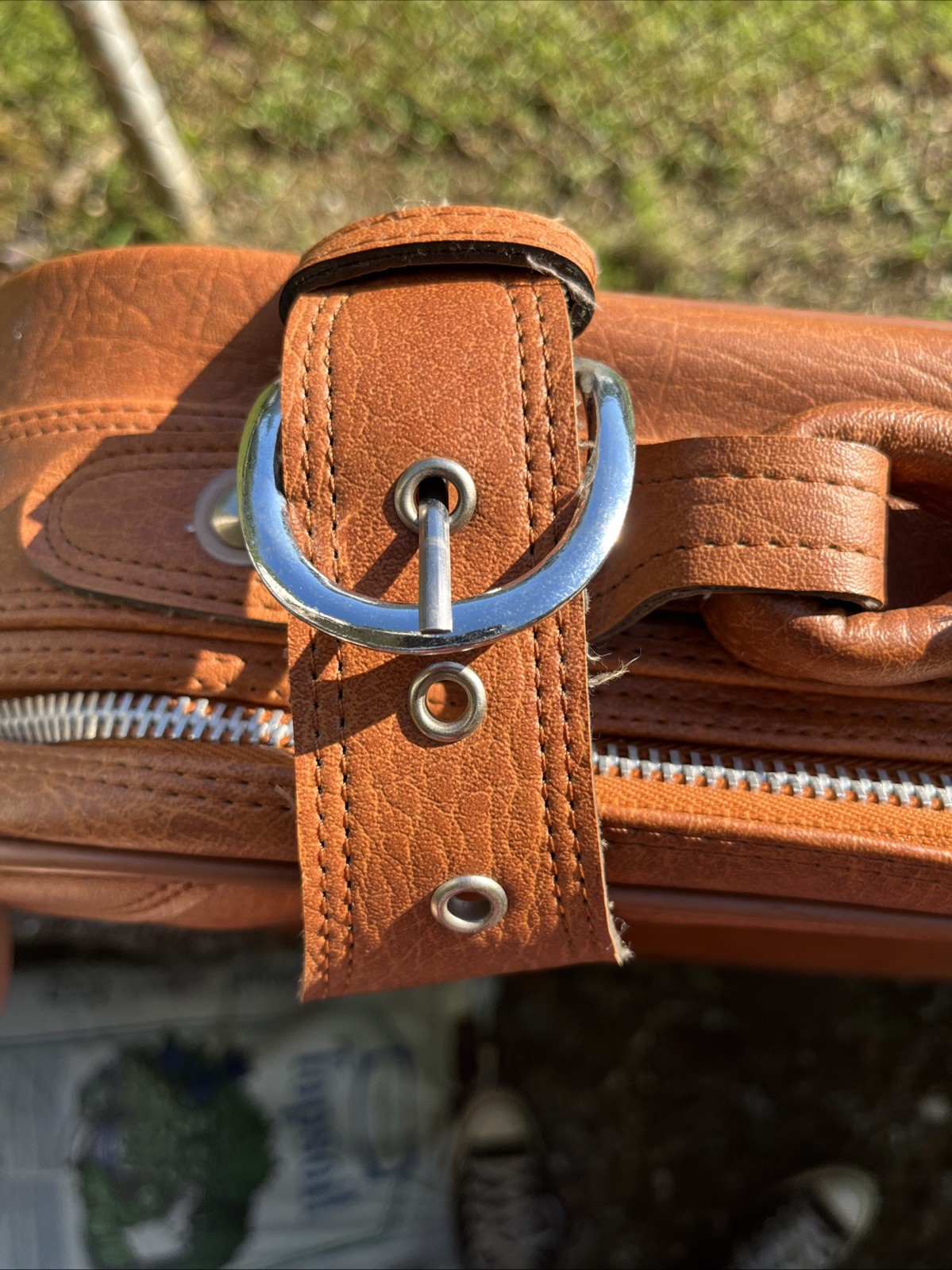 Vintage Tan Faux Leather Suitcase – 22” Retro Carry On Case W/ Buckles See Pics