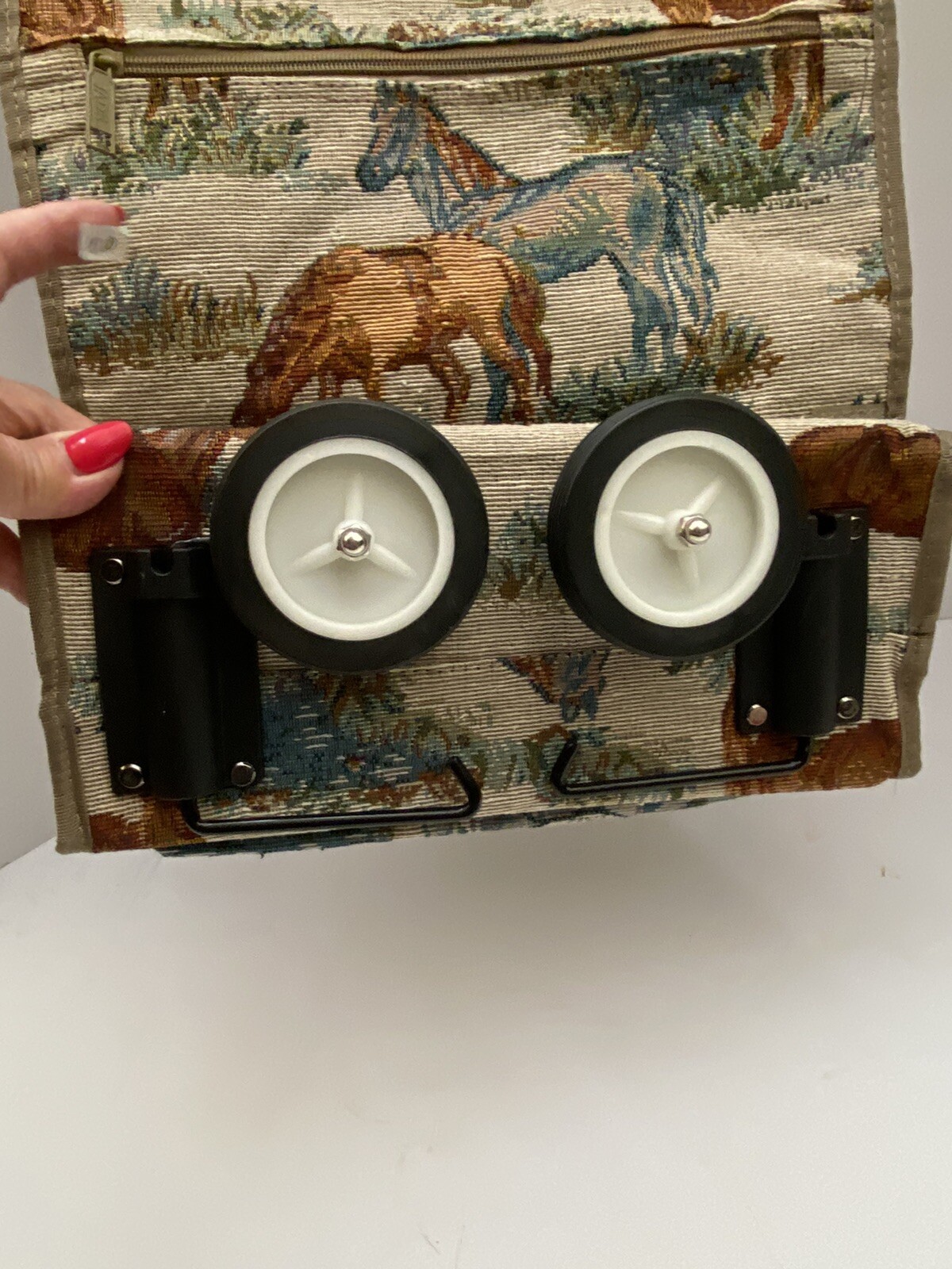 Vtg Jade Tapestry Horses Travel bag Tote w/ Foldable Collapsible wheels