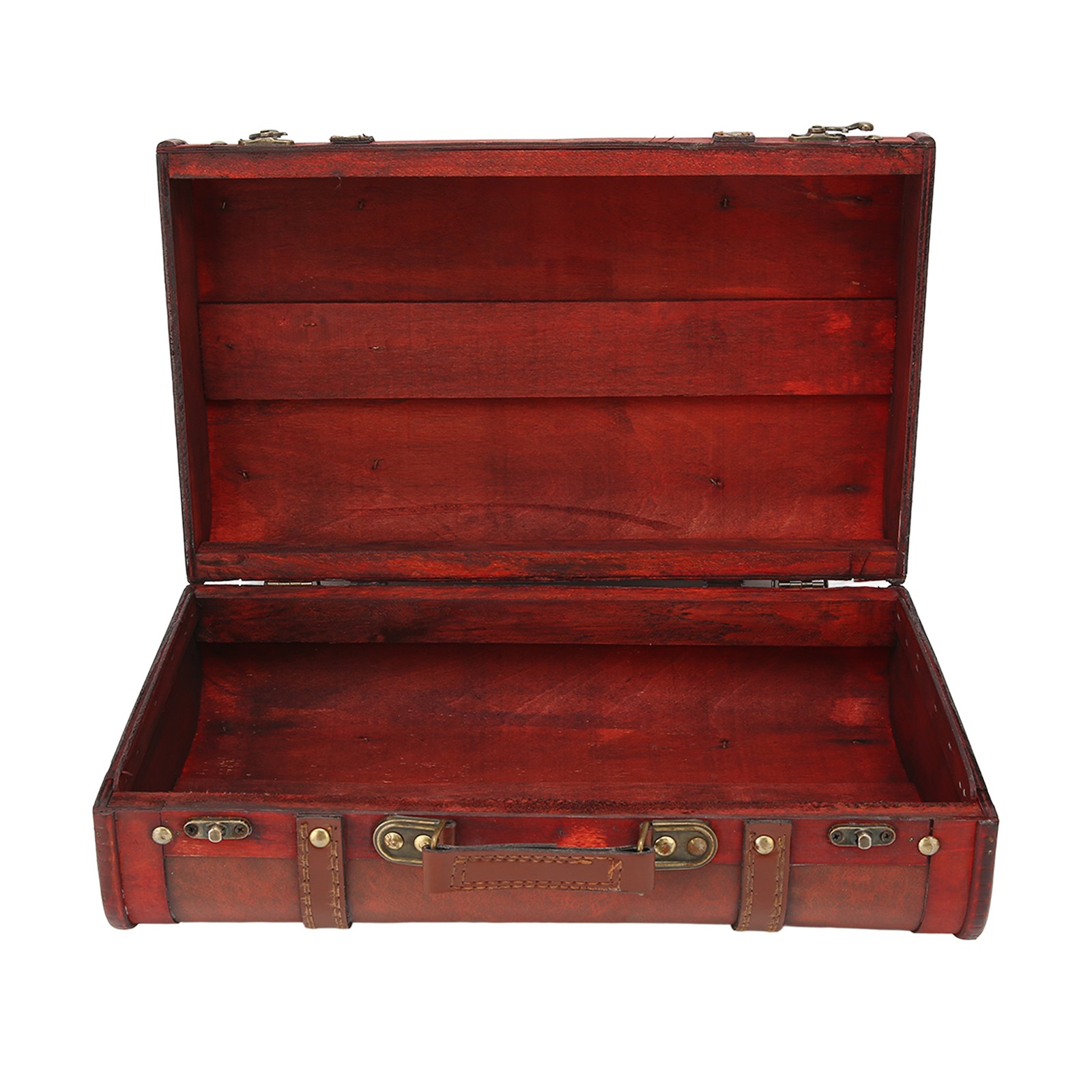 Retro Wooden Gift Box Hinge Decorative Faux Leather Suitcase Treasure Storag MGR