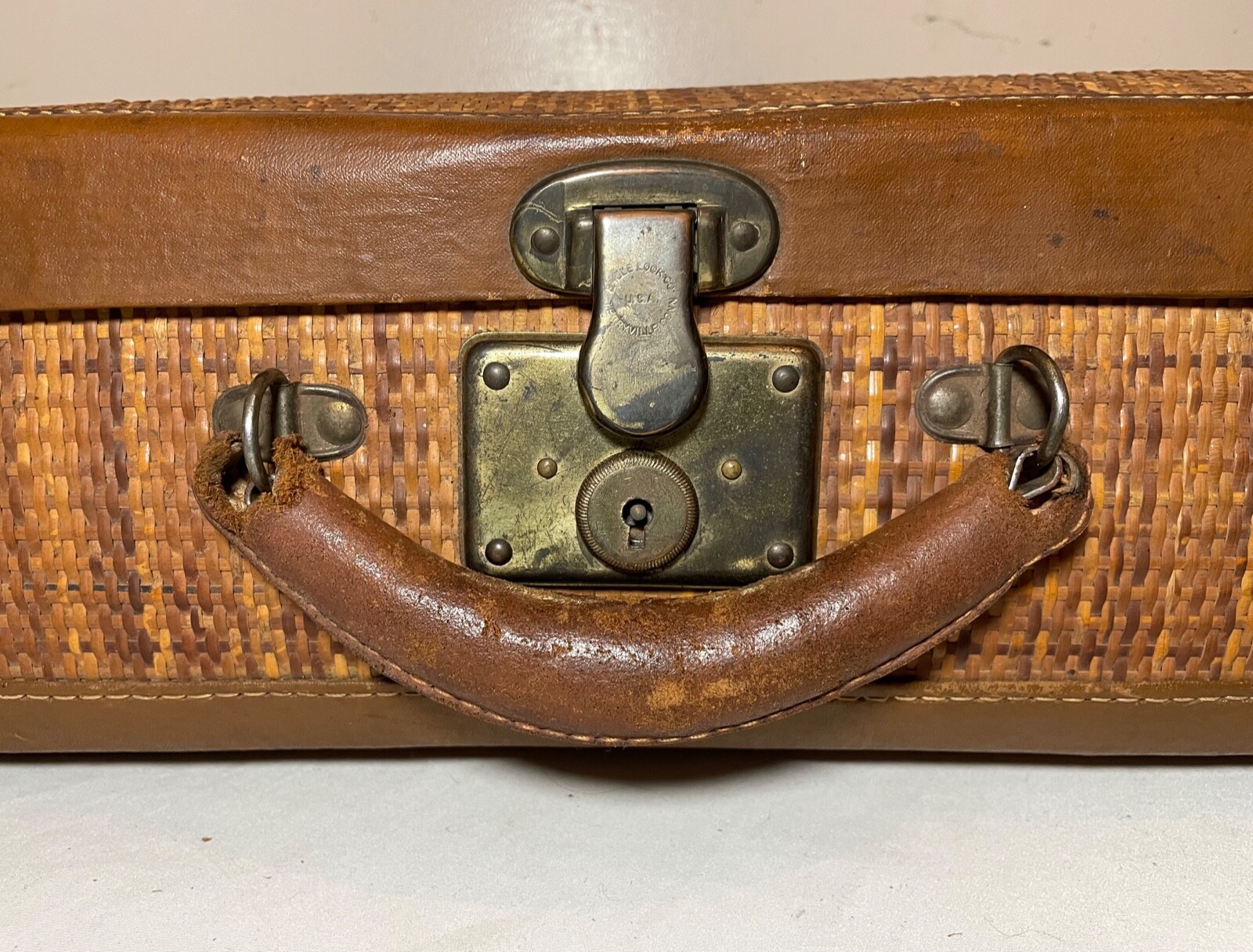 rare antique 19th century handmade woven wicker leather brass travel suitcase