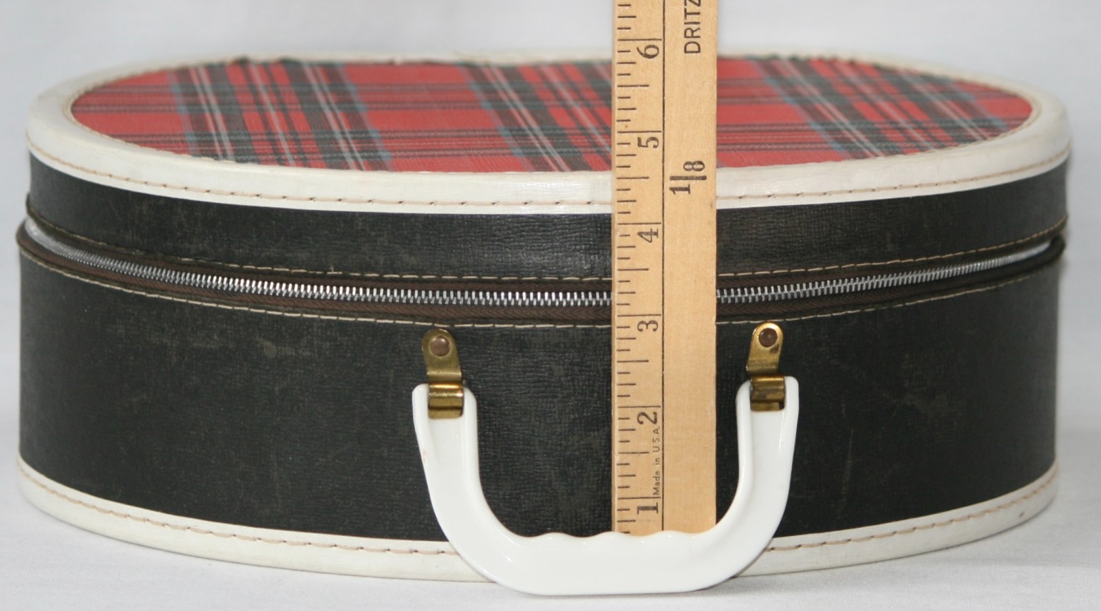 Round Train Case Red Black Gray White Tartan Plaid Zip Luggage 12.25 x 11 x 4.5