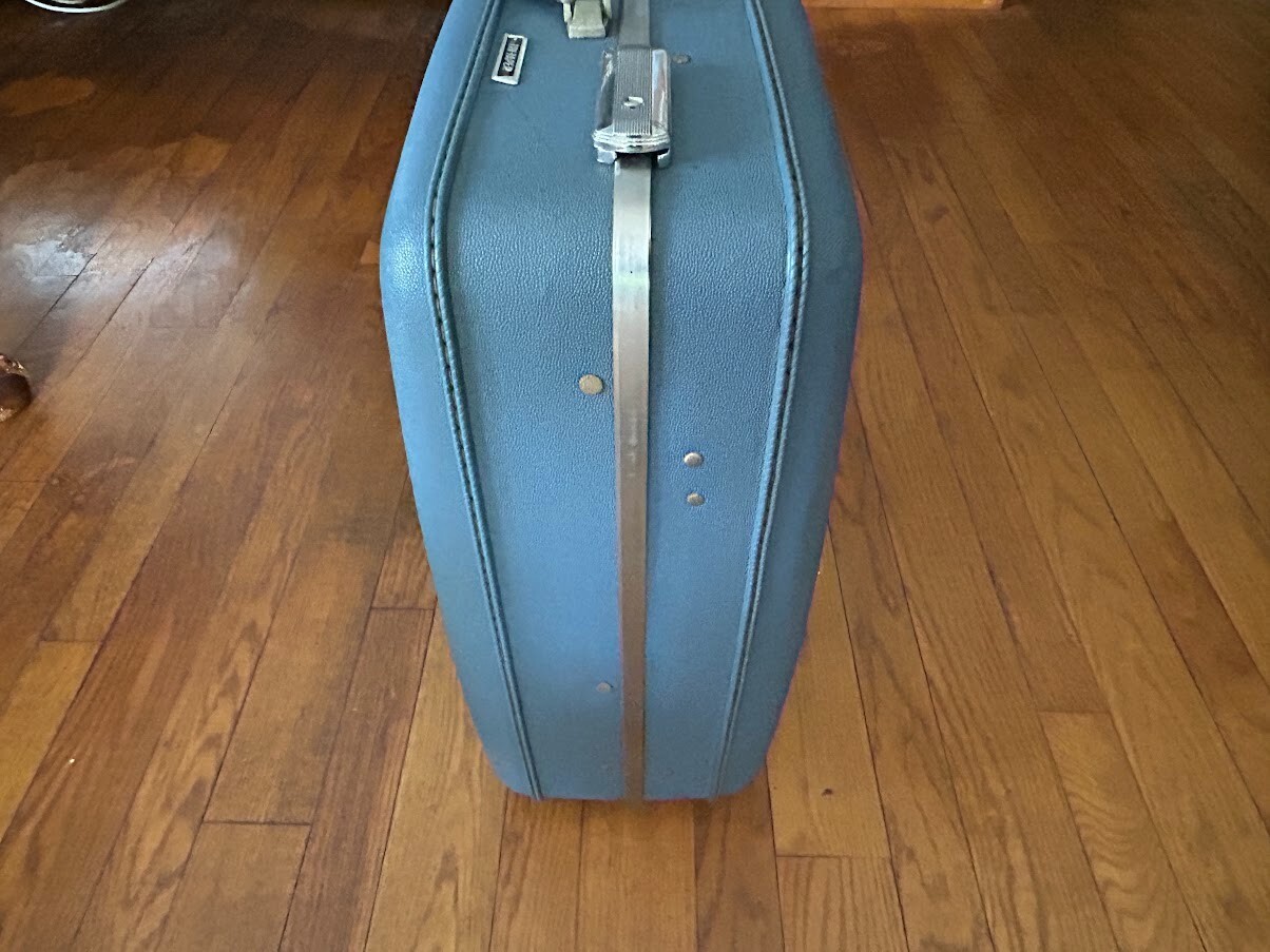 1960s Blue American Tourister Tri-Taper Hard Luggage Suitcase Wardrofold Hangers