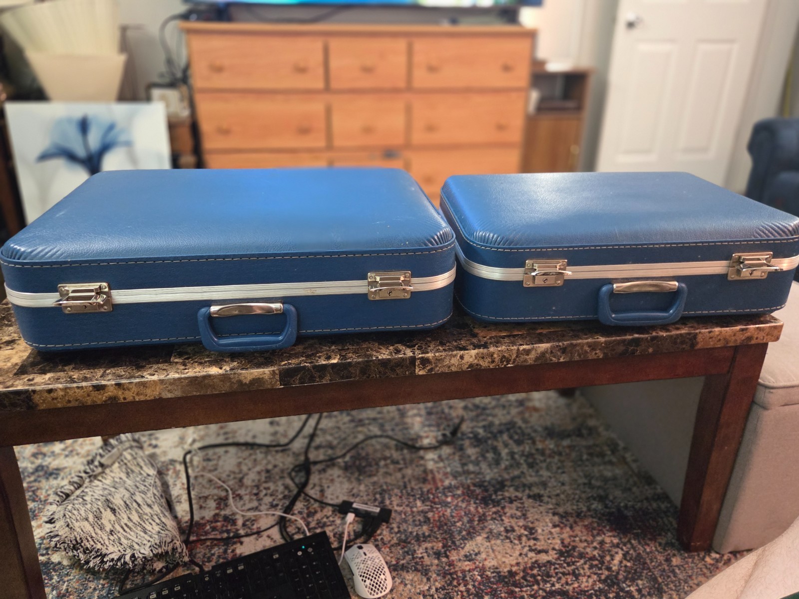 Vintage Blue Hard Shell Vinyl Suitcase Set Closing 1960s True Pair