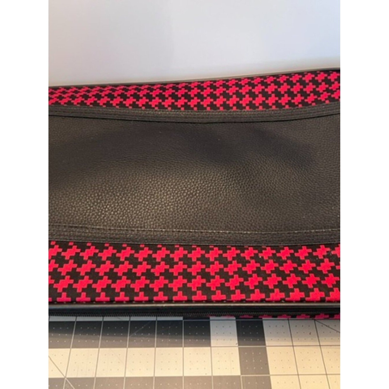 Vintage rolling suitcase distinctive red and black houndstooth collapsible