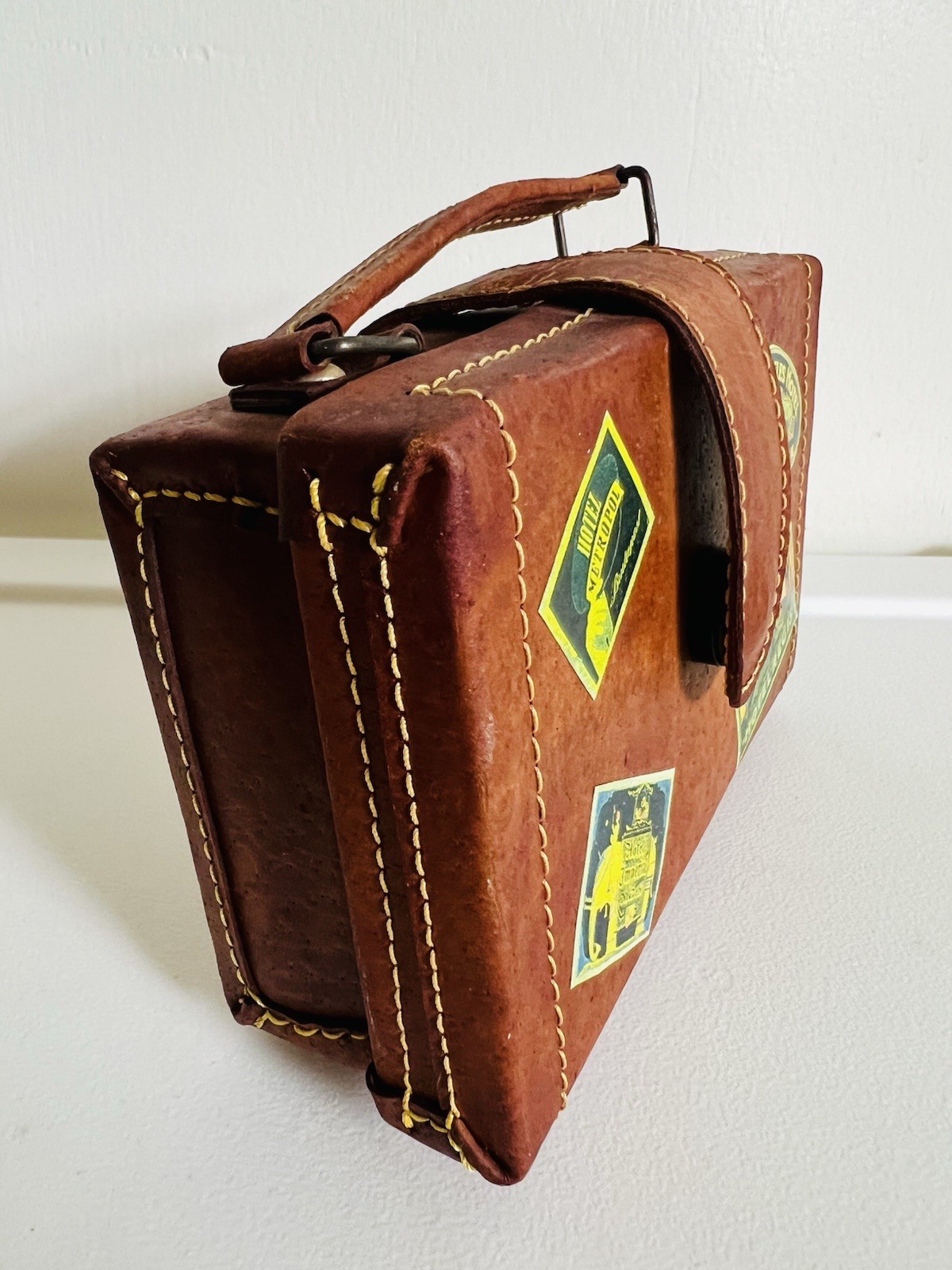 Vintage Leather Case Travel Stickers Magnetic Button Lined Mini Doll Suitcase 6”