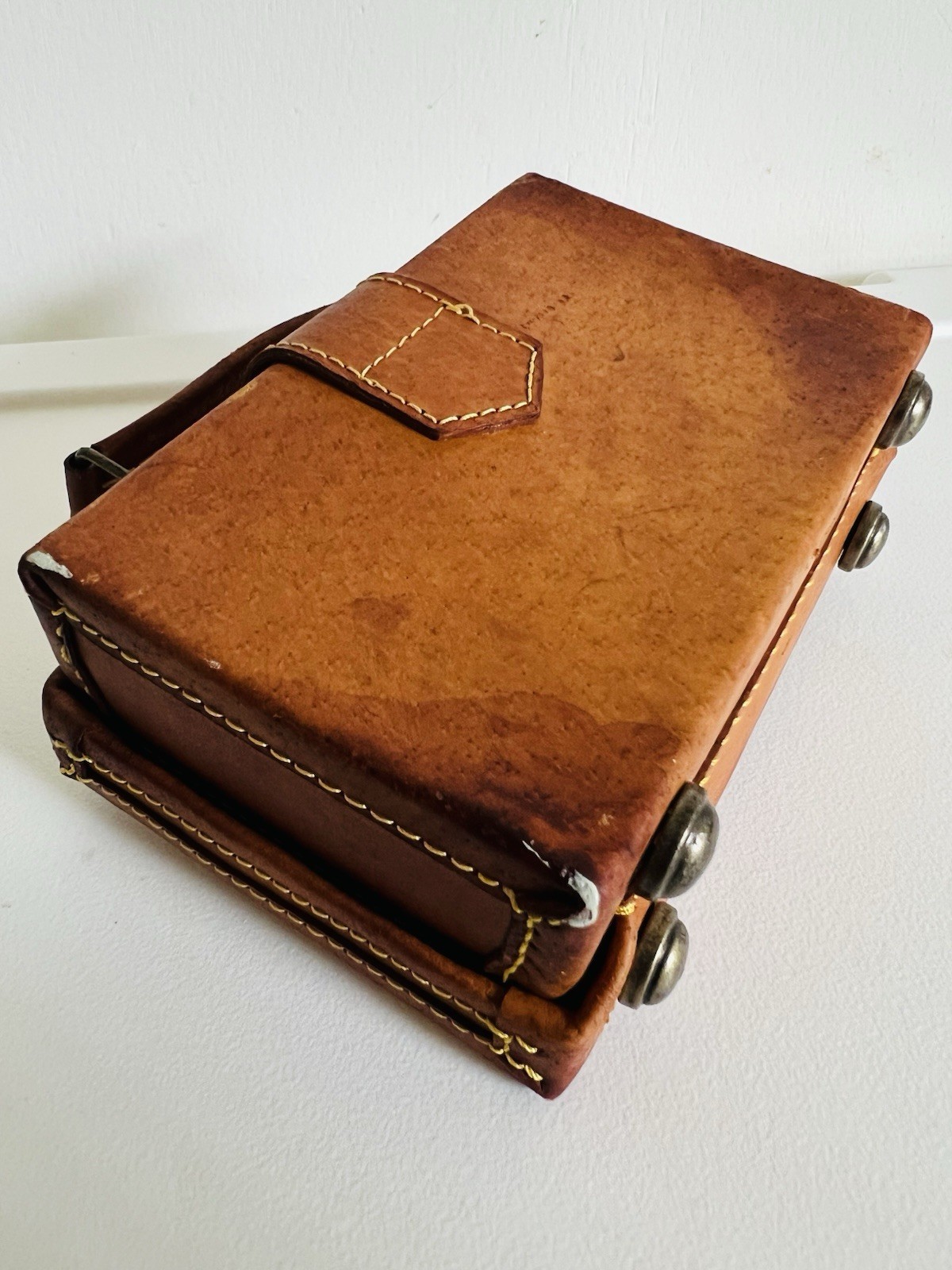 Vintage Leather Case Travel Stickers Magnetic Button Lined Mini Doll Suitcase 6”