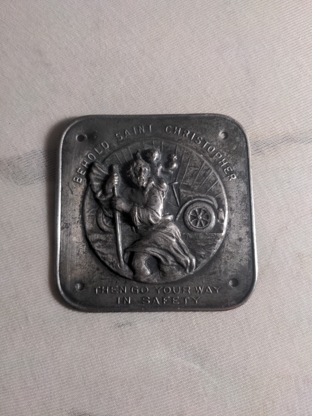 1920’s Vintage Saint Christopher Car Plaque Metal Dashboard Badge Good Con.