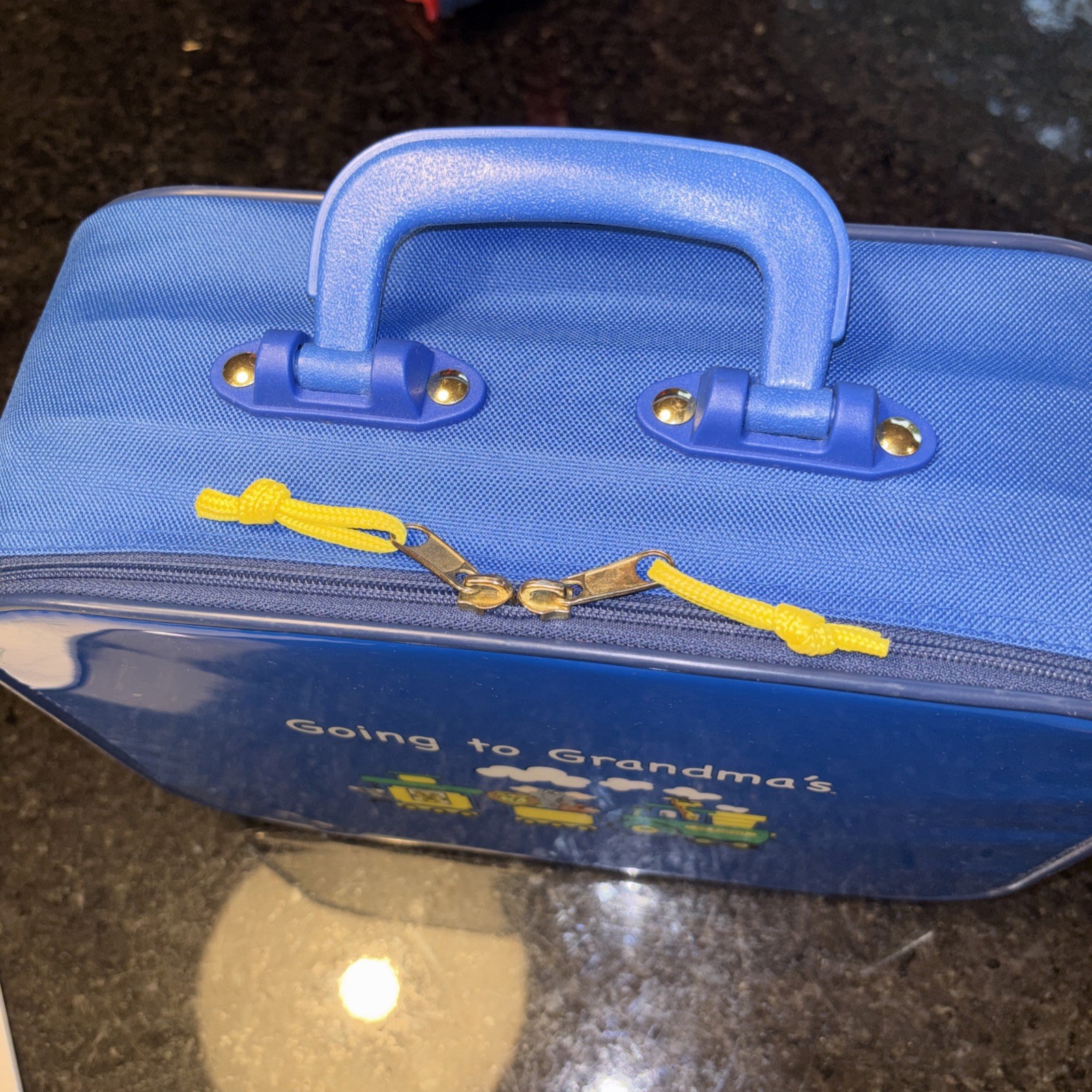 VTG Blue Going to Grandmas Kids Suitcase Mercury Luggage Animal Circus Train