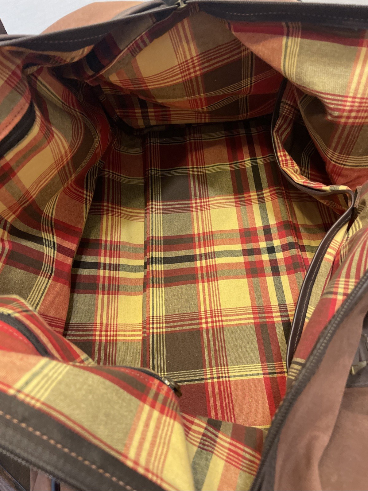 Vintage Canvas And Leather Hartmann Duffle Bag Plaid Lined Interior Approx. 22”
