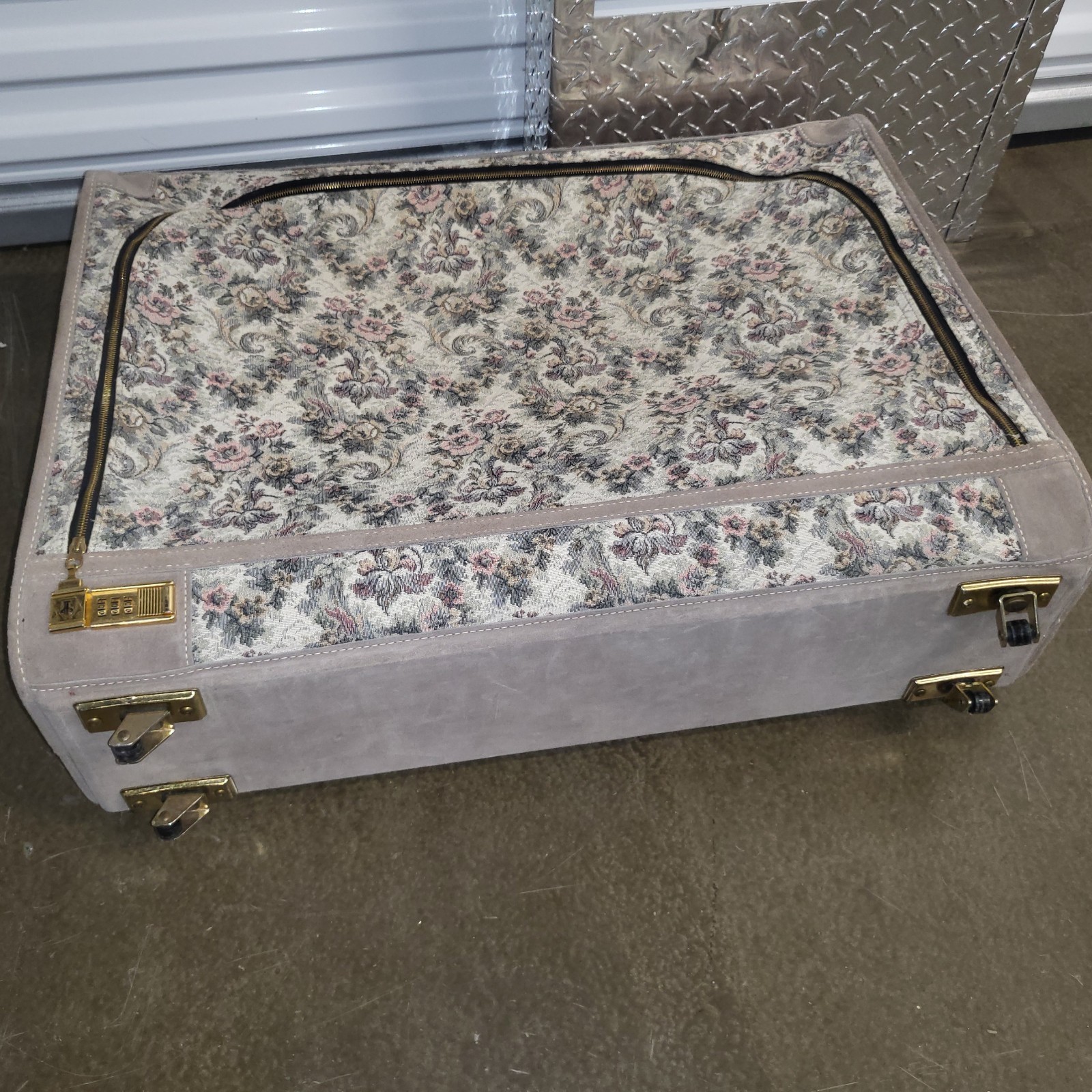 Two Vintage French Luggage Co Gray Floral Rose Tapestry & Suede Suitcases 23&28″