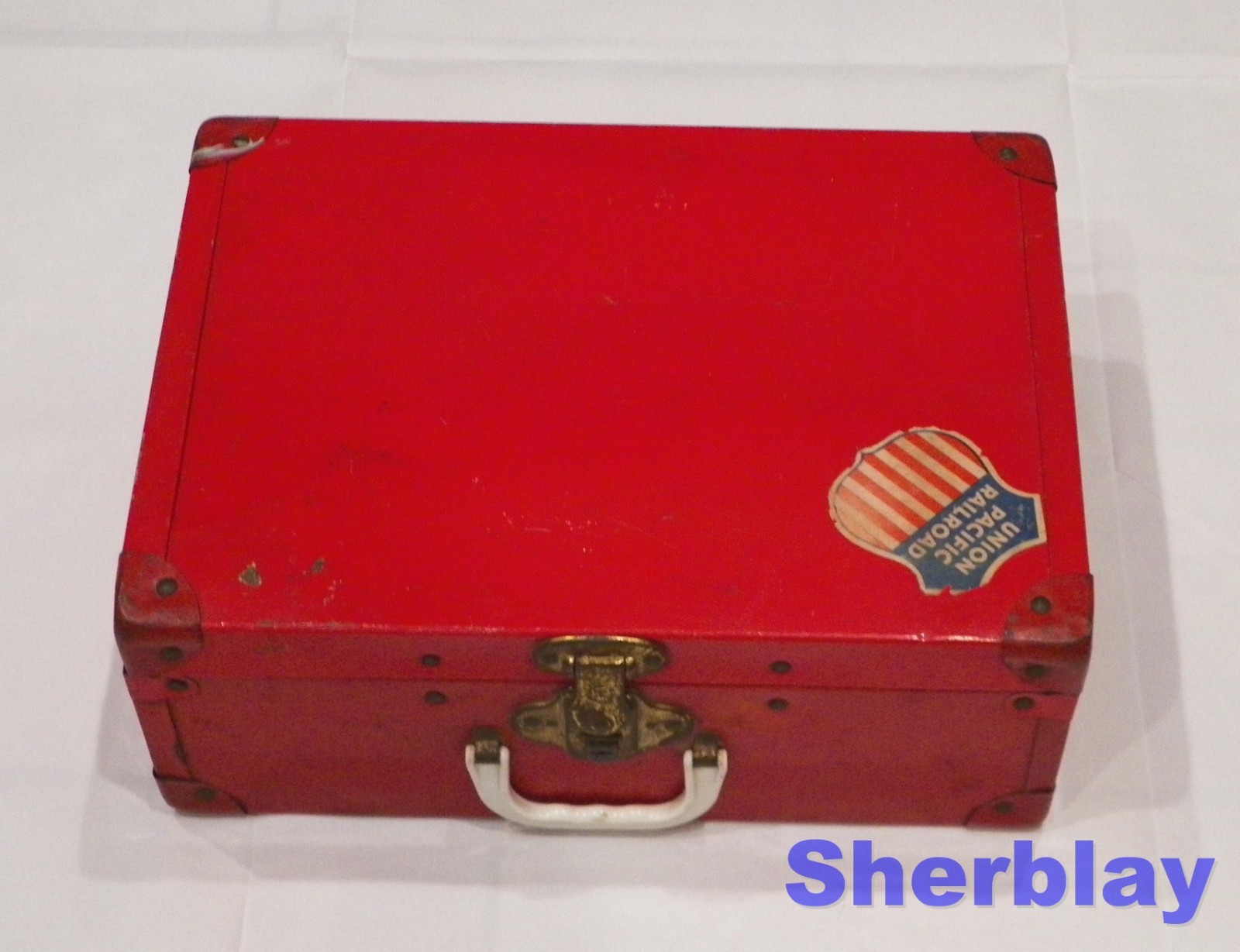 Vtg 50’s 60’s Metal Suitcase Doll Trunk Travel Case Red Retro Paper Lined 14.5″