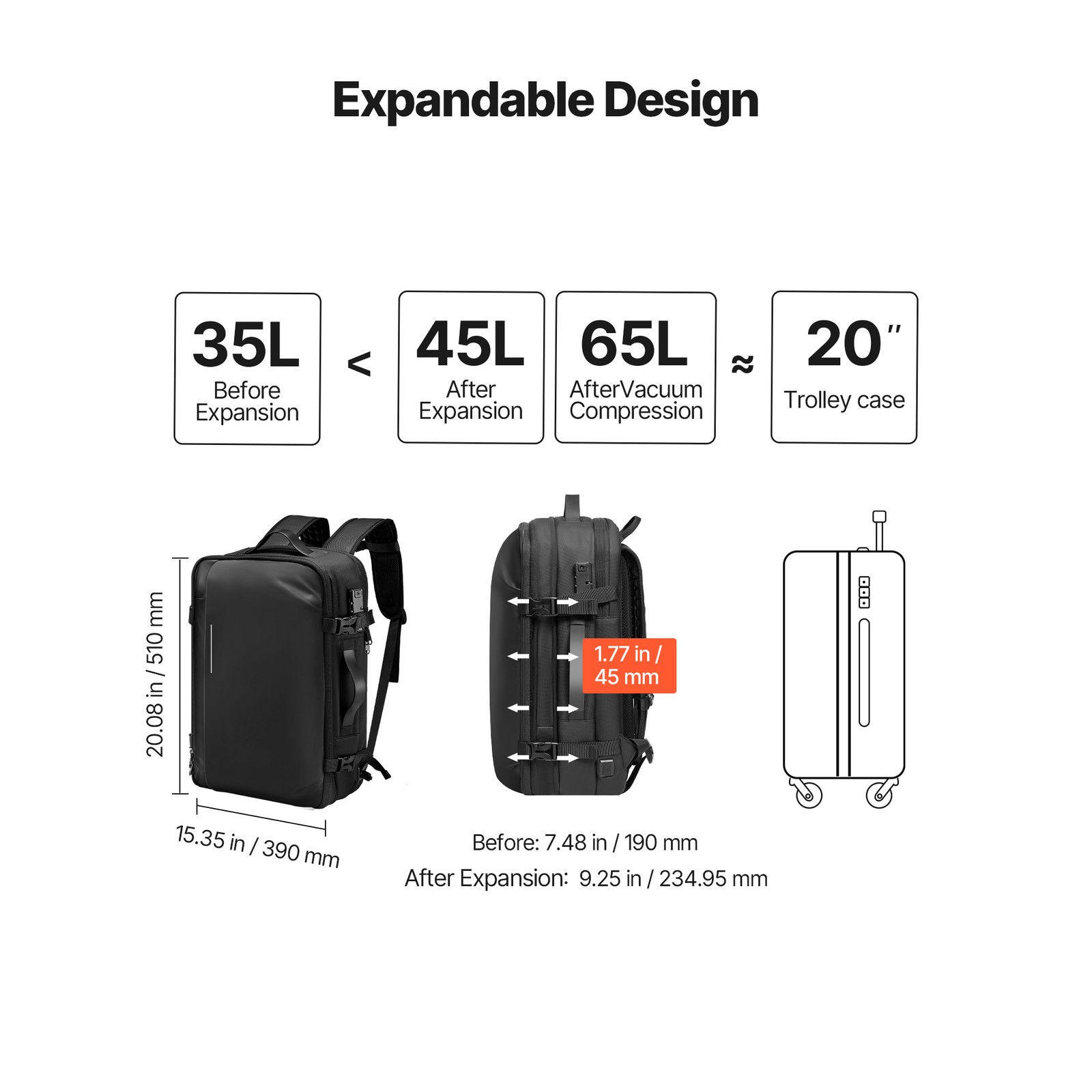 Uimoso 65L Travel Backpack with Vacuum Compression and Pump – Black