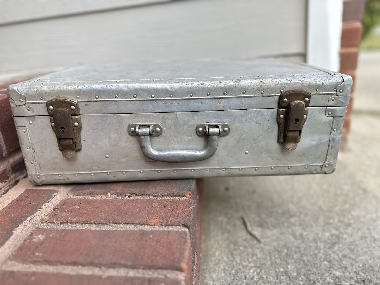Vintage Machine Age Industrial Riveted Aluminum Travel Suitcase From 1930-1960