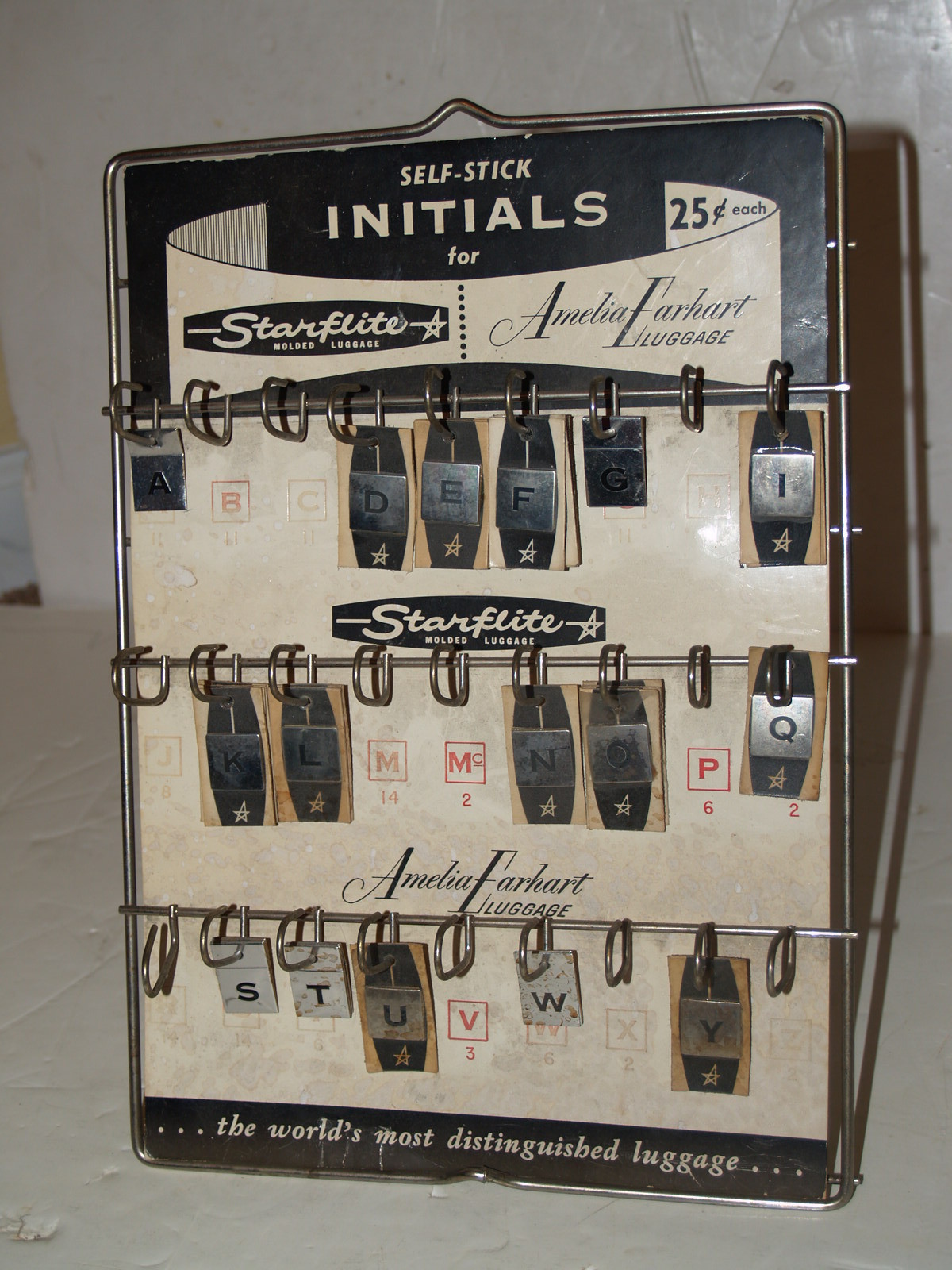 Rare Amelia Earhart Starflite Luggage Peel Self Stick Silver Initials w Display