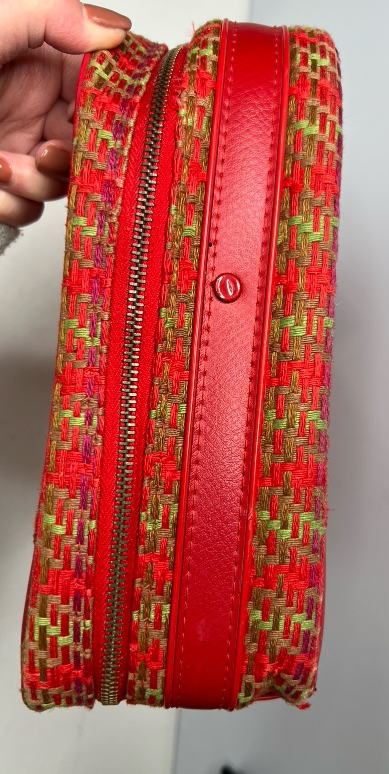 Vintage Suitcase Plaid Made in Japan Red Vinyl Pockets Zipper Retro Travel
