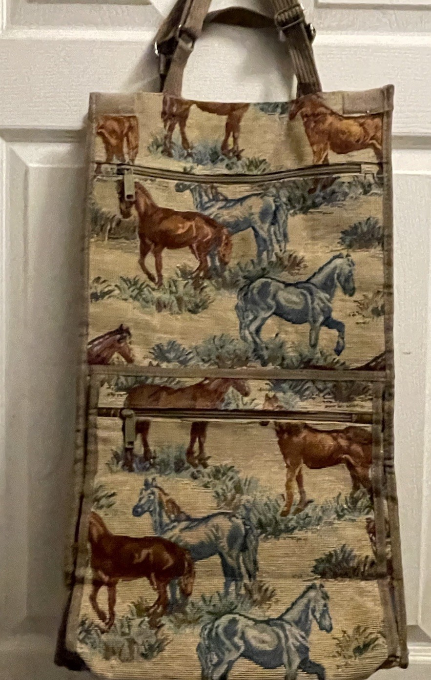 Vtg Jade Tapestry Horses Travel bag Tote w/ Foldable Collapsible wheels