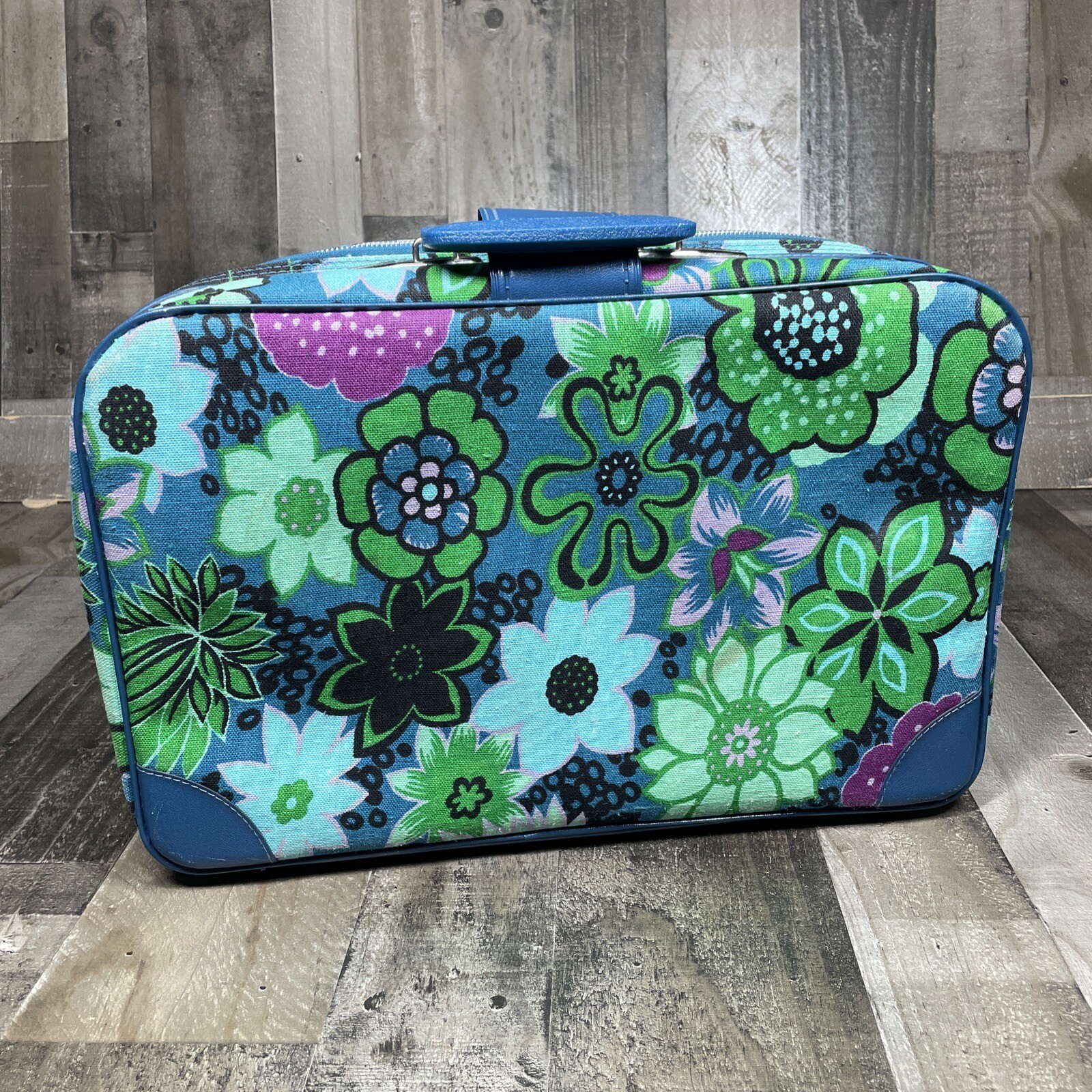 Vintage Retro Mod Floral Carry on Suitcase travel case Blue Purple Green Japan
