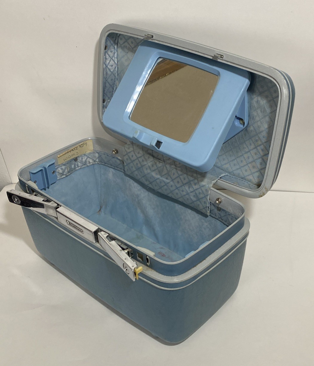 Vintage Blue Samsonite Sentry Hard Train Make up Case w/ Full Mirror no Tray EUC