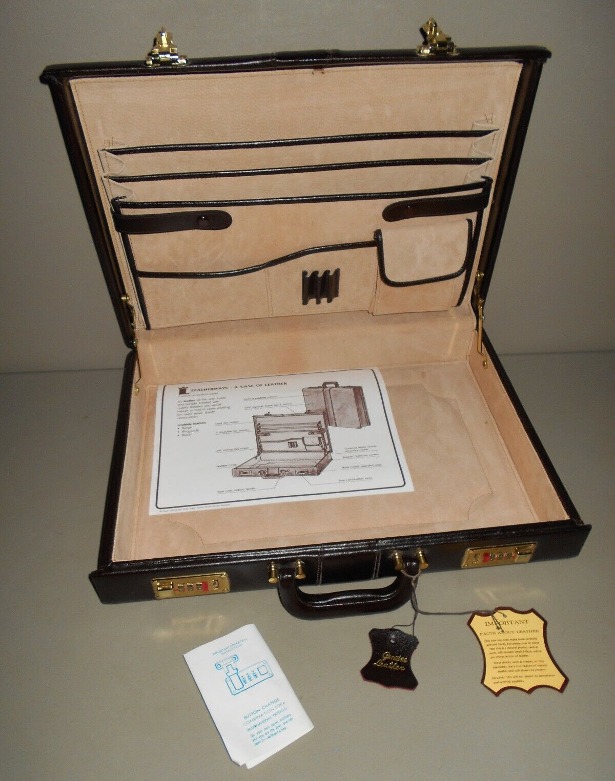 Leatherways 18″ Brown Briefcase Cowhide Leather Attache Case Steel Core Brass