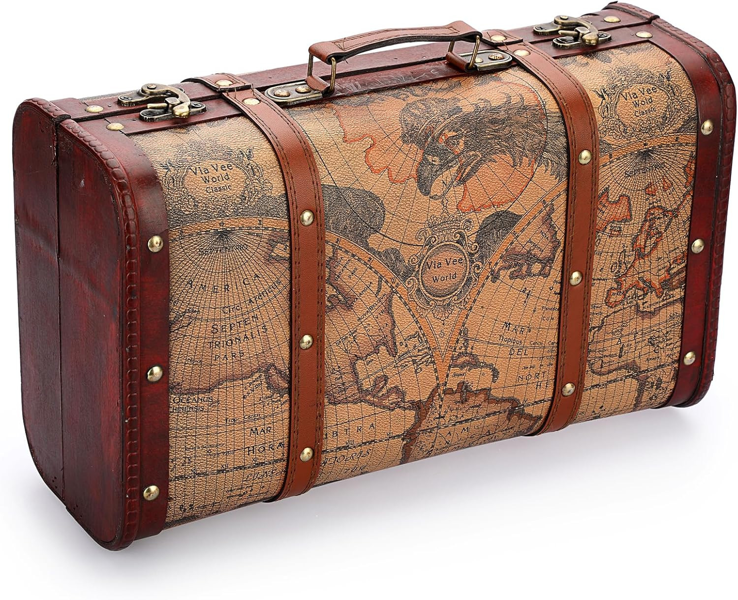 Vintage Wooden Storage Chest, Portable Decorative Luggage Suitcase, Treasure Che