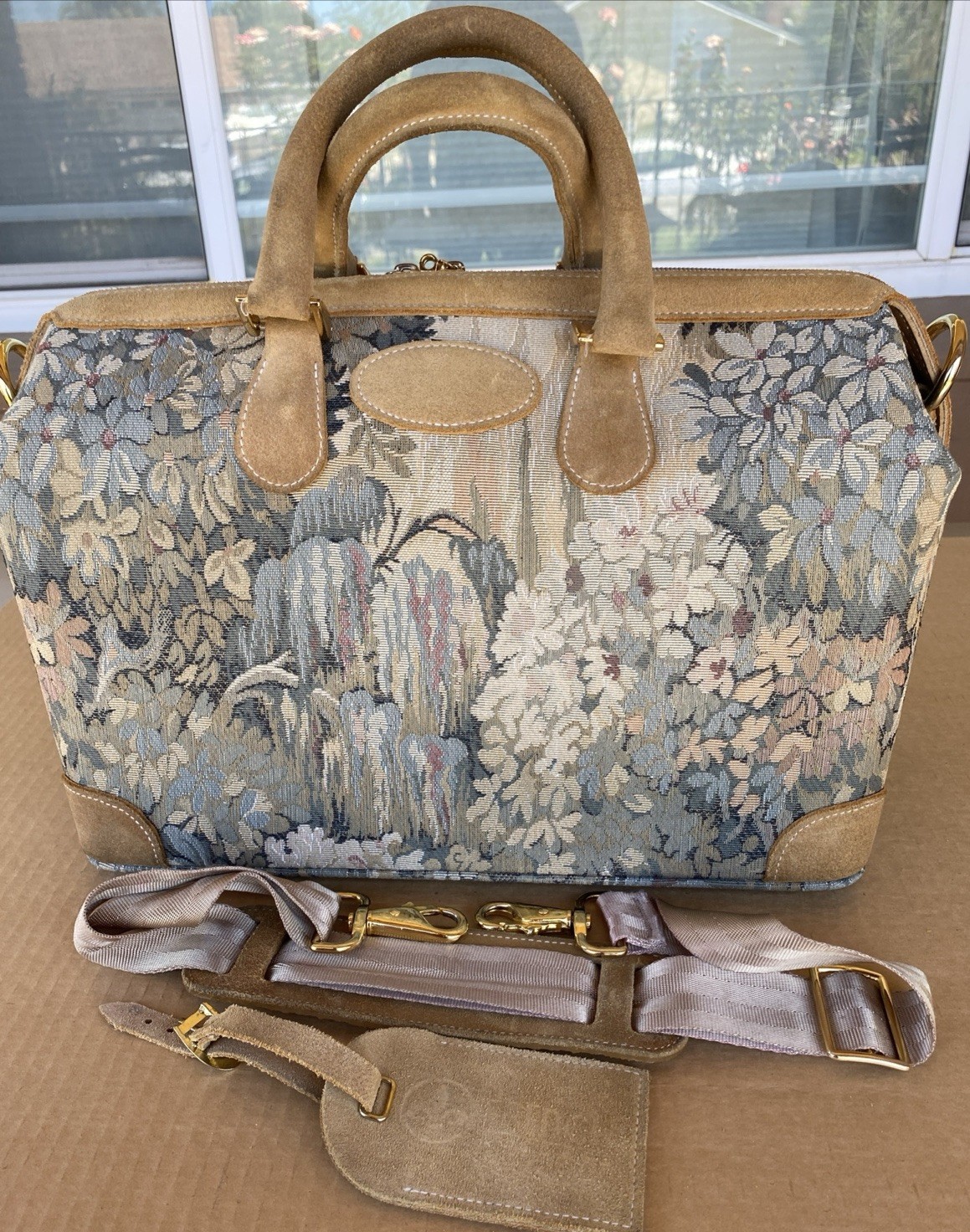 Vintage French Luggage Company Paradise Suede Tapestry Carry On Bag Made in USA