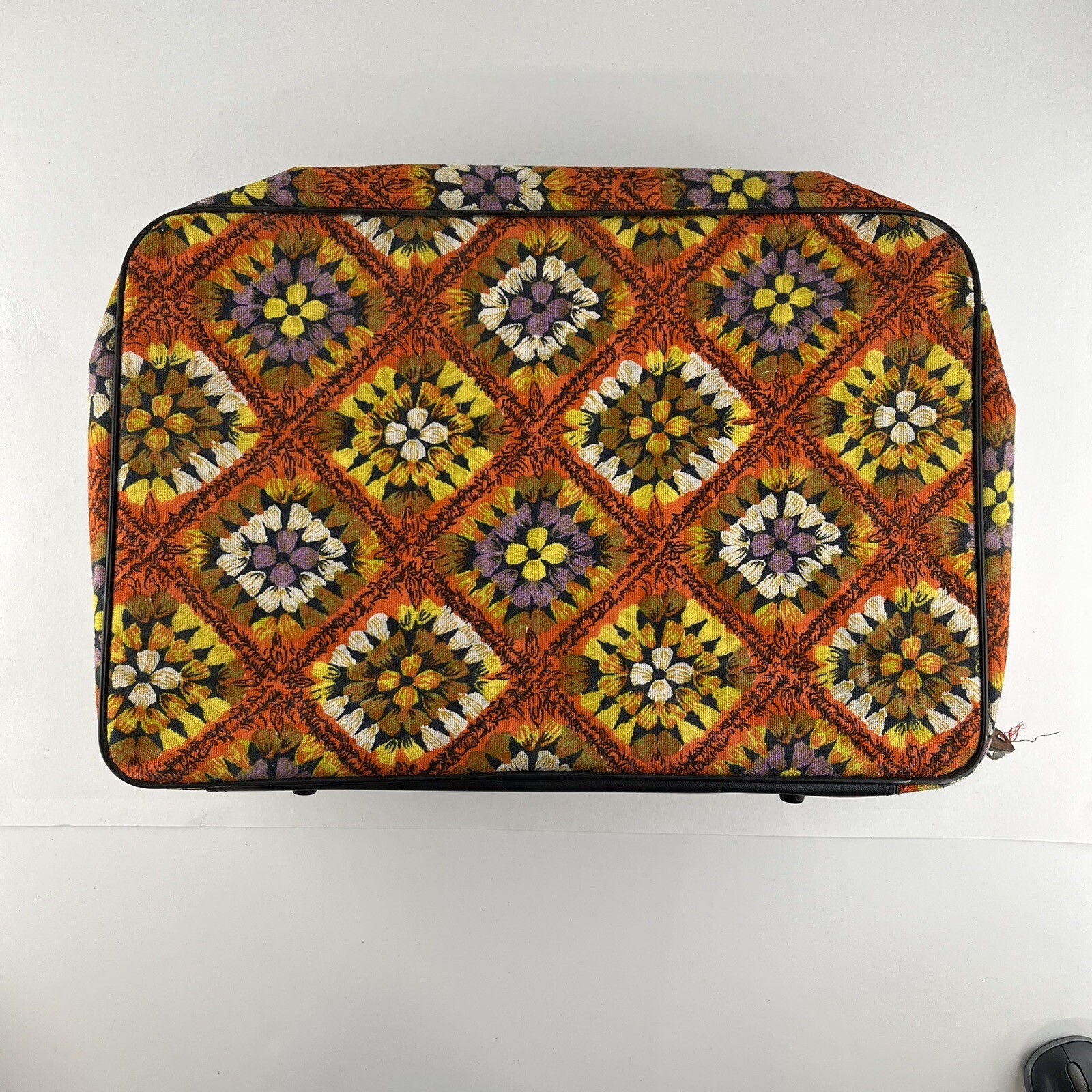 VTG Suitcase Luggage Bantam 70’s Key Travel Fabric Floral Bag Hippie Mod Diamond