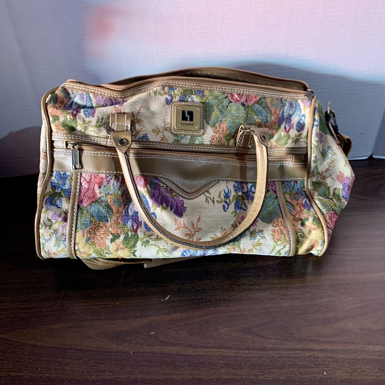 Vintage 80s Leisure Luggage Tapestry Beige Floral Carry On Suitcase Bag Tan Trim