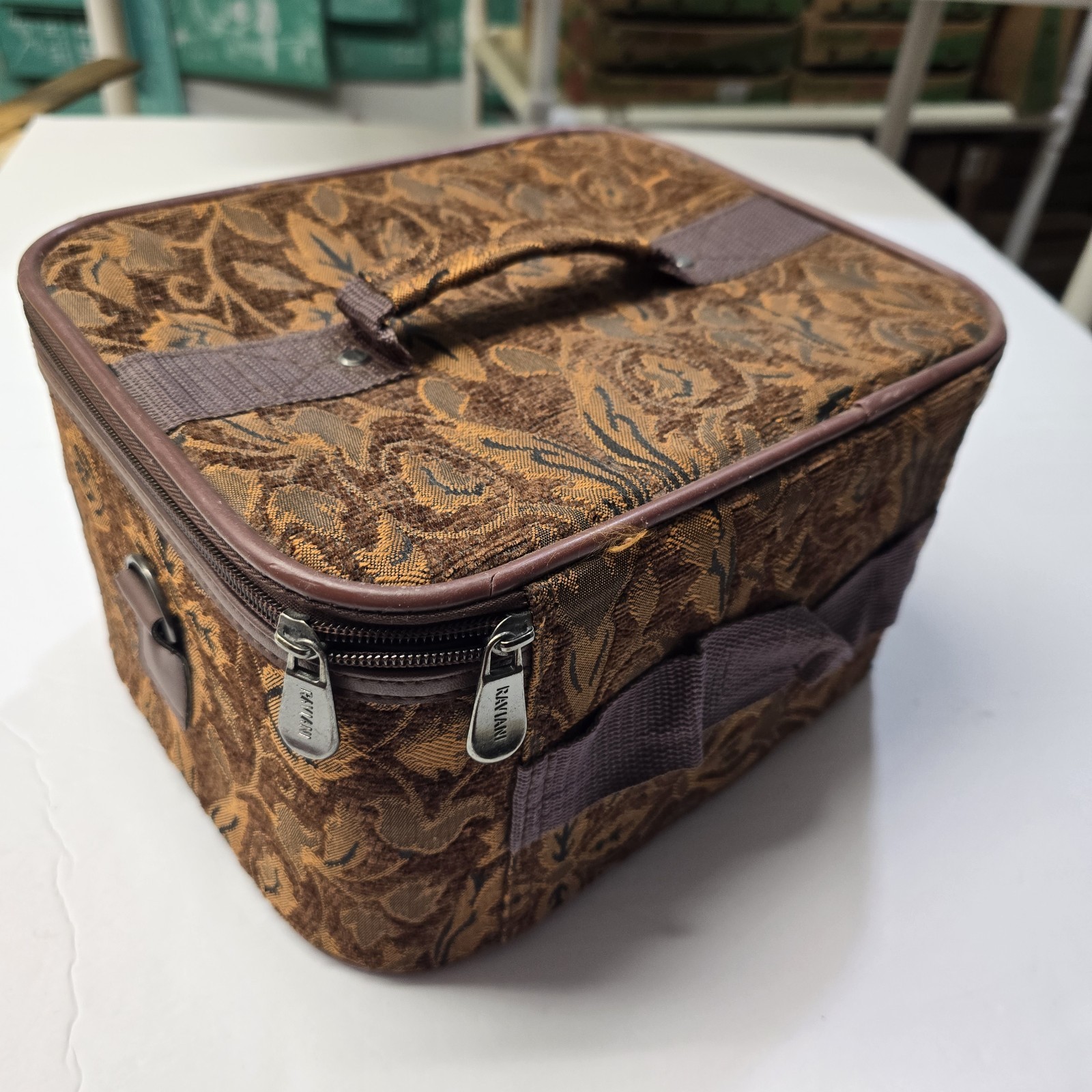 Vintage 90s NWOT Tapestry Travel Case Strap Neutrals Gold Brown Floral Makeup