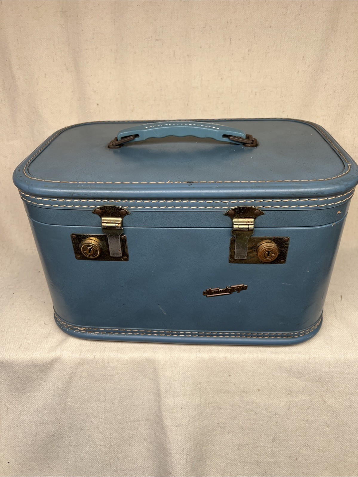 Vintage Blue Travel Joy Train Case with Brass Hardware, No Key, Some Damage