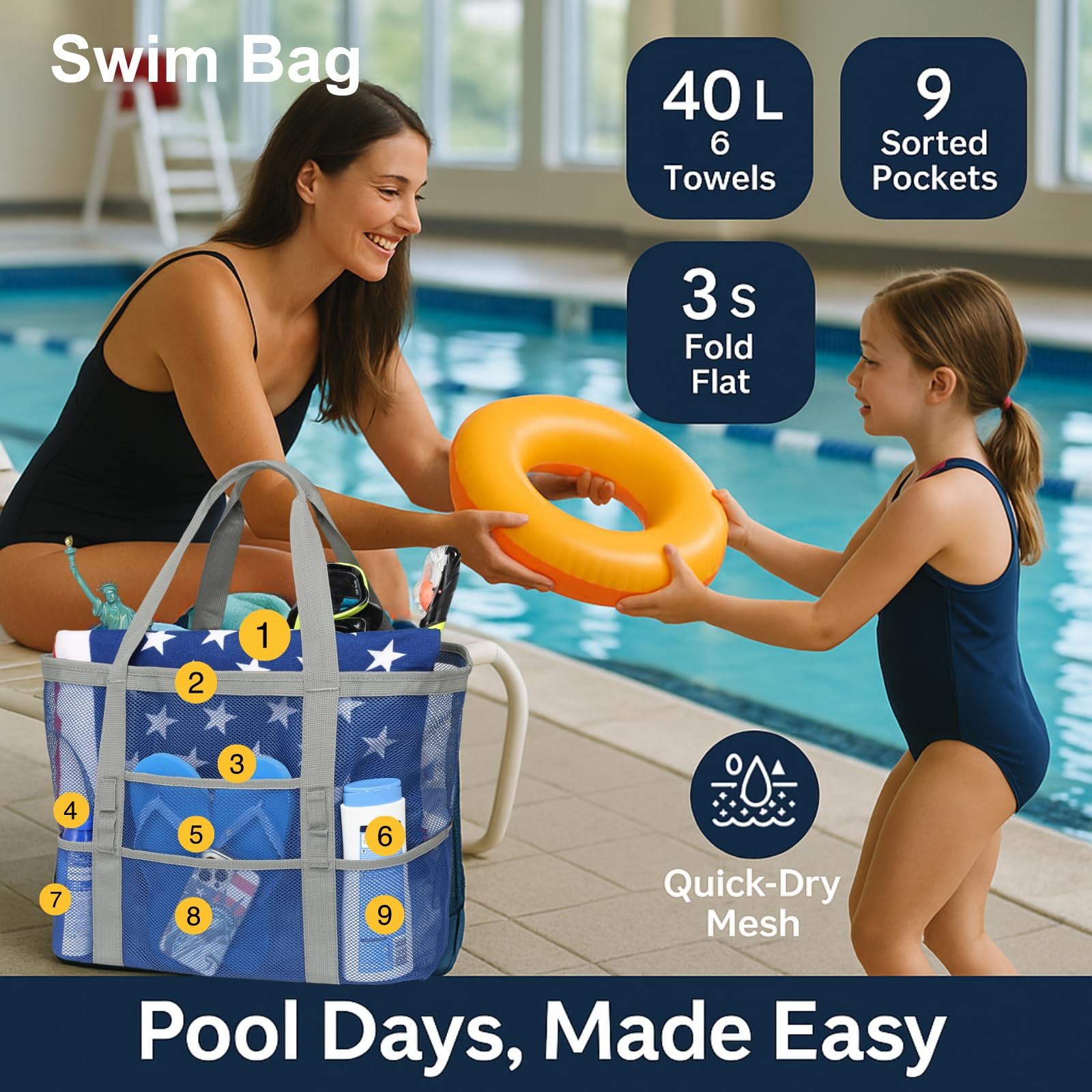 F-Color Mesh Bag – Toys Tote Bag 9 Pockets For Swim Pool Cruise