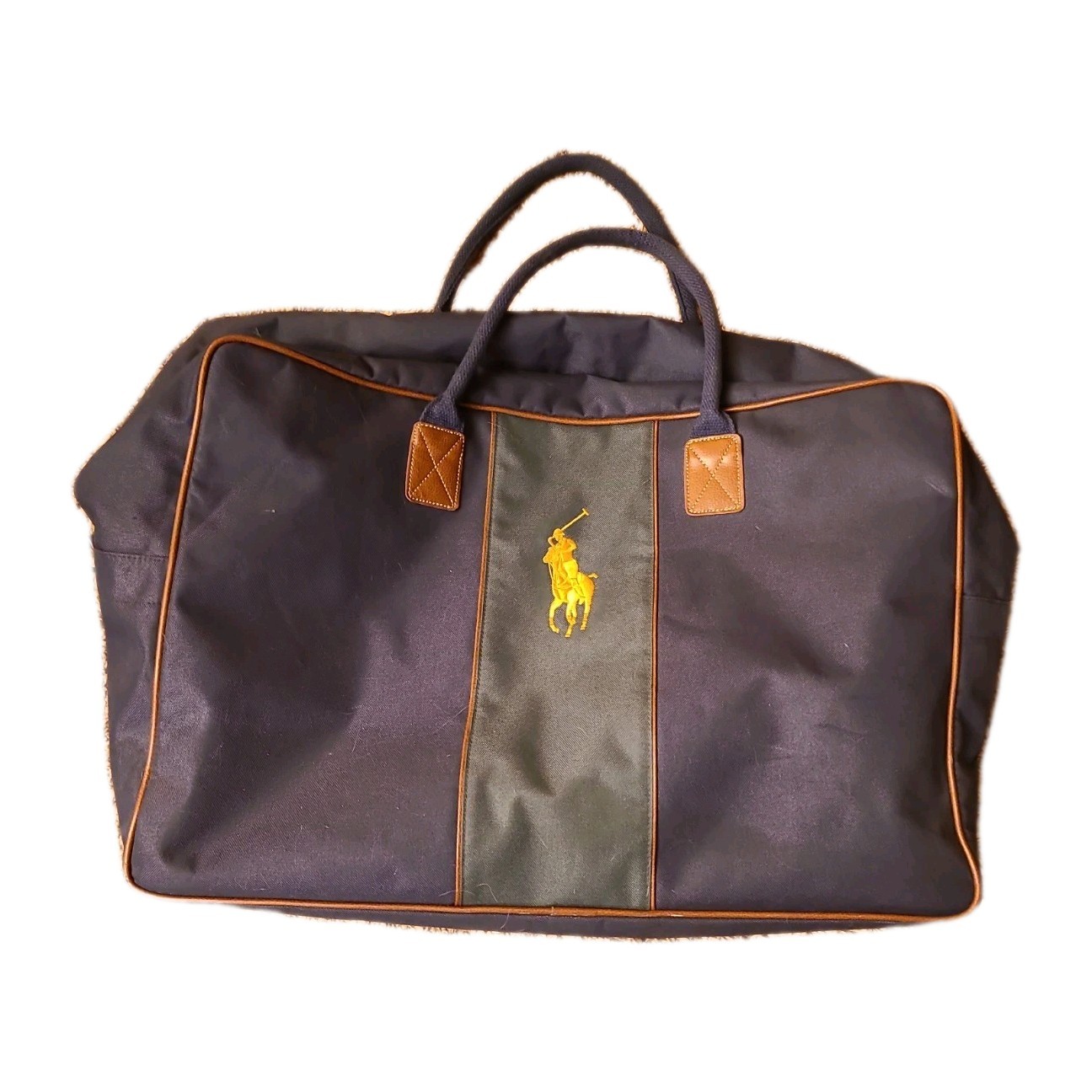 Ralph Lauren Polo Canvas Leather Trim Weekender Duffel Travel Bag Navy Green