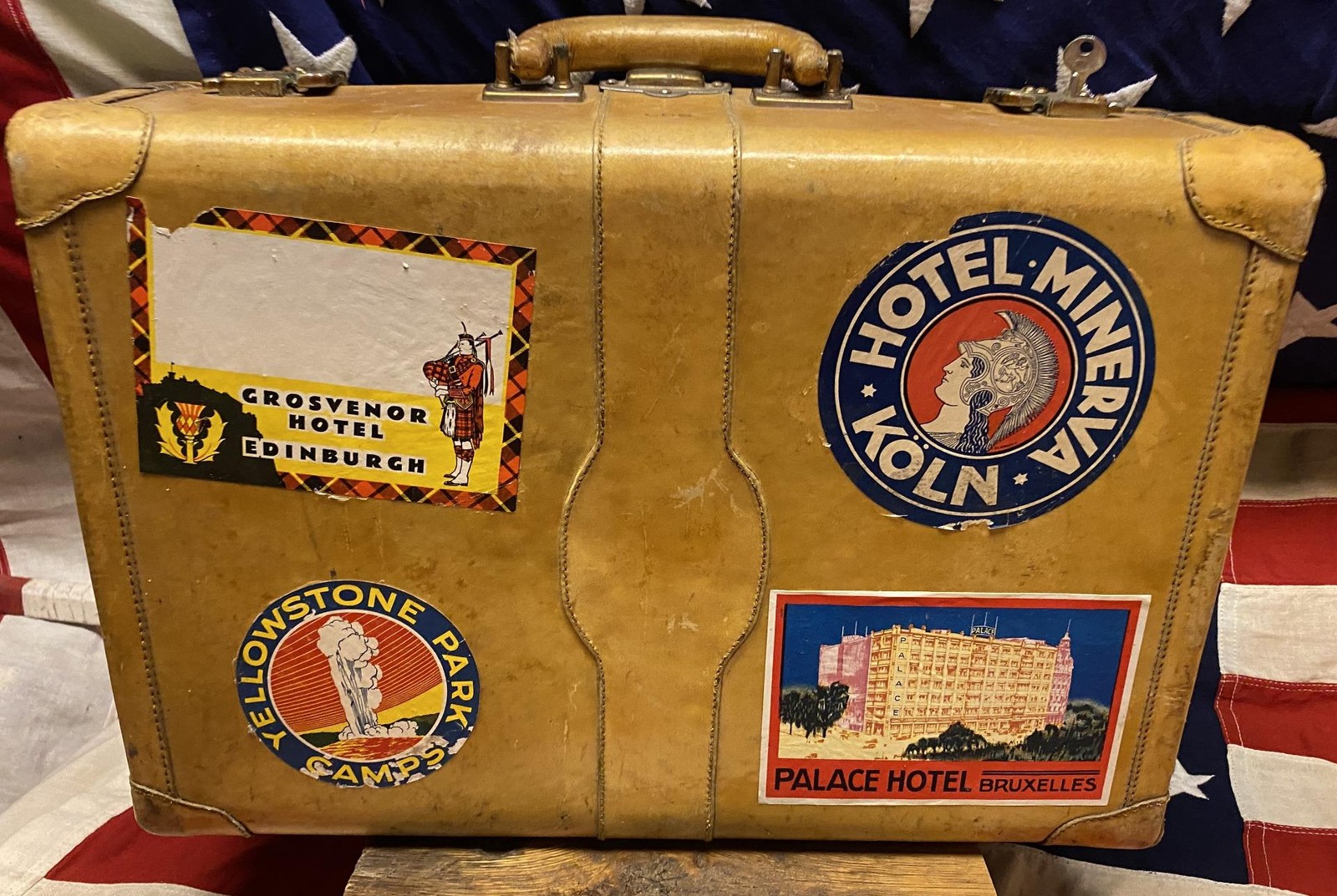Vintage 1940s Cross Leather Suitcase Travel Stickers US/European Tour Display