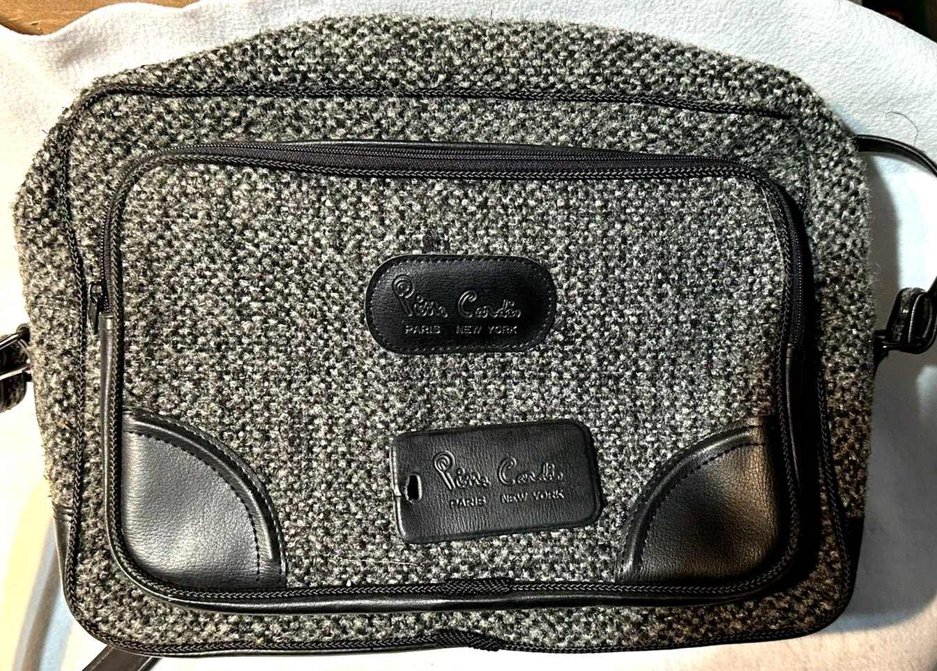 Vintage PIERRE CARDIN Luggage Bag / Sachel w Shoulder Strap Tweed Black / Gray