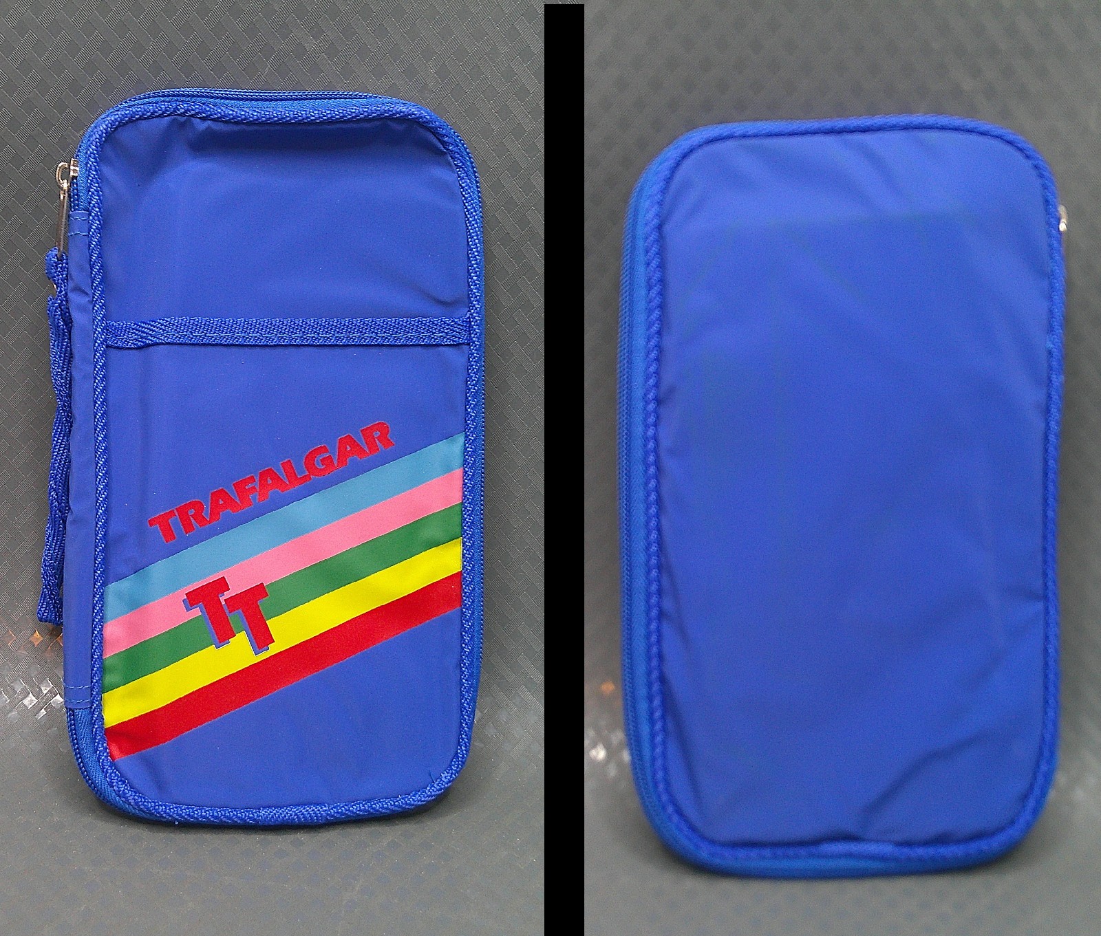 Vintage Trafalgar TT Soft Travel Bag Passport Wallet Strap Zippers Blue Rainbow