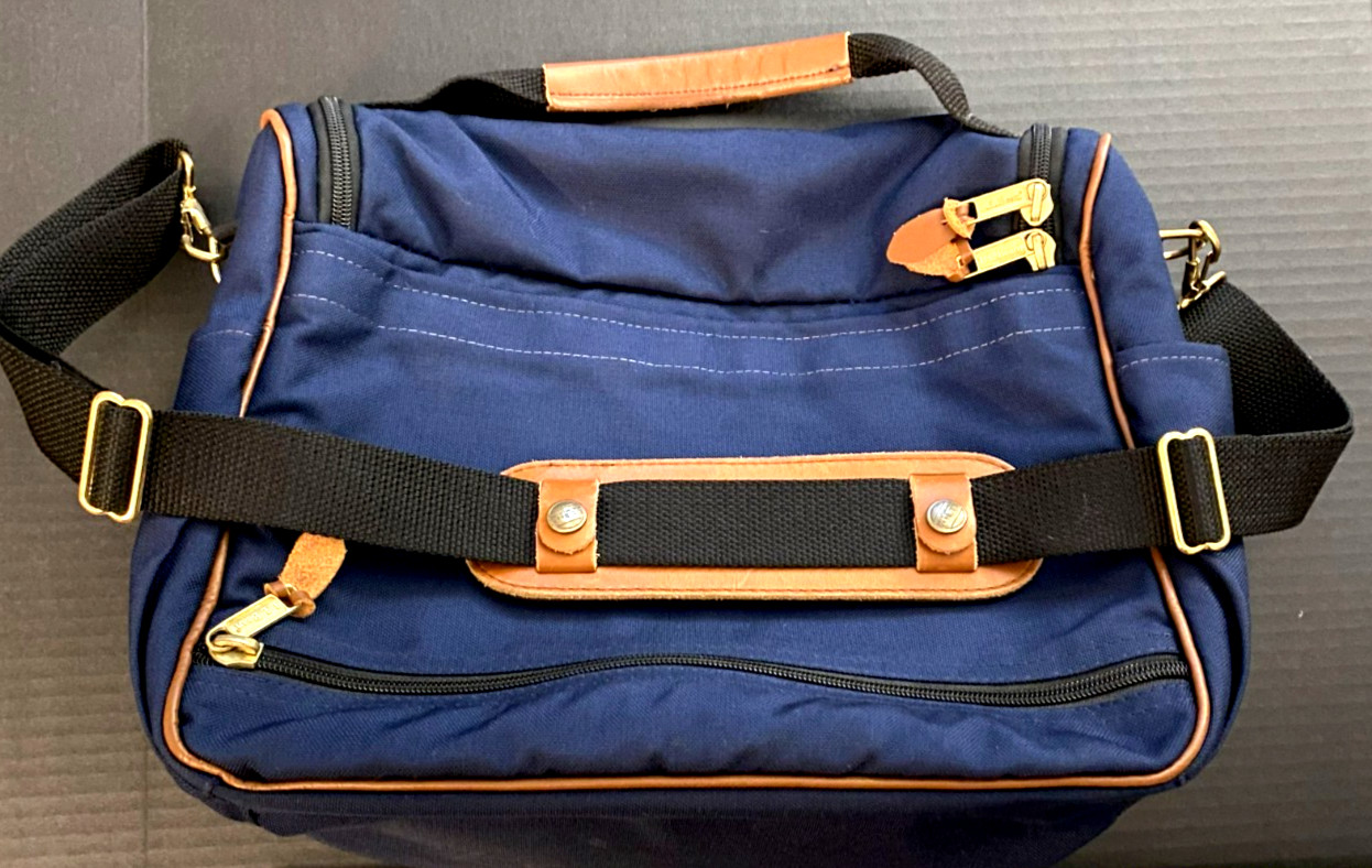 Vintage L.L. Bean Cordura Travel Bag Navy Leather Trim USA Made 1980s