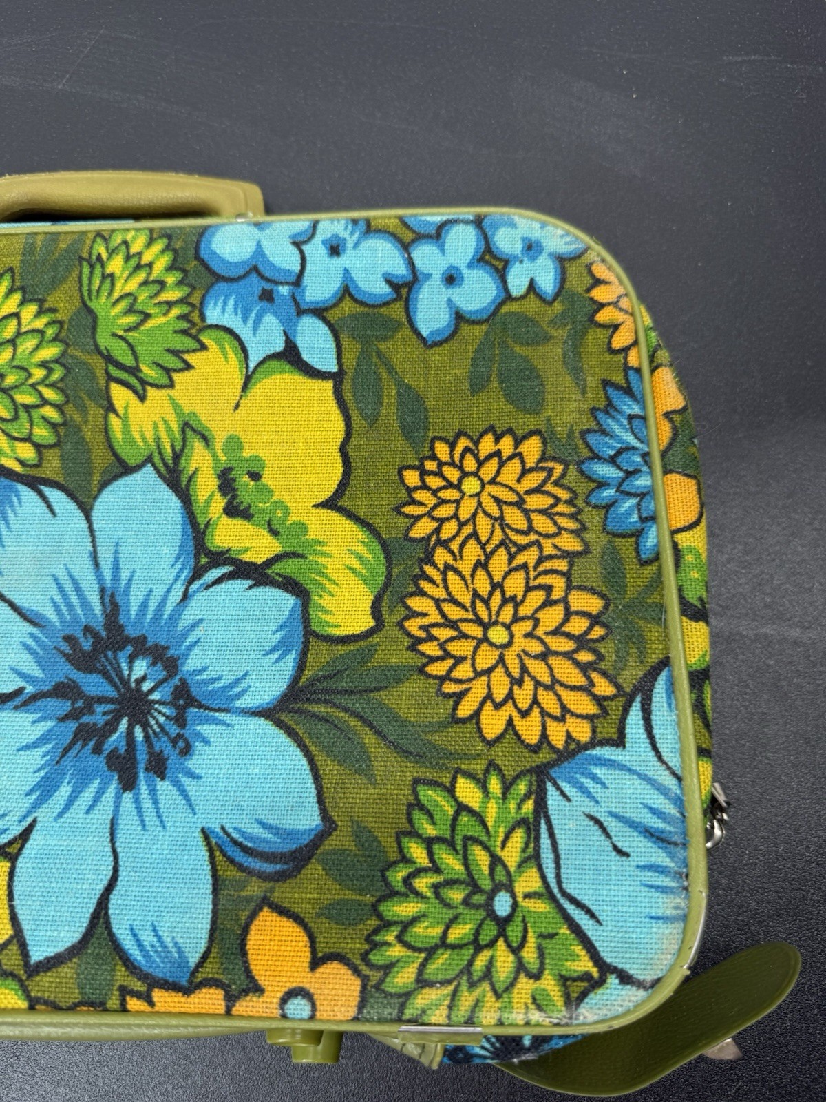 Vintage Bantam Travelware Canvas Suitcase Mod Pattern Floral 1970s Blue Green