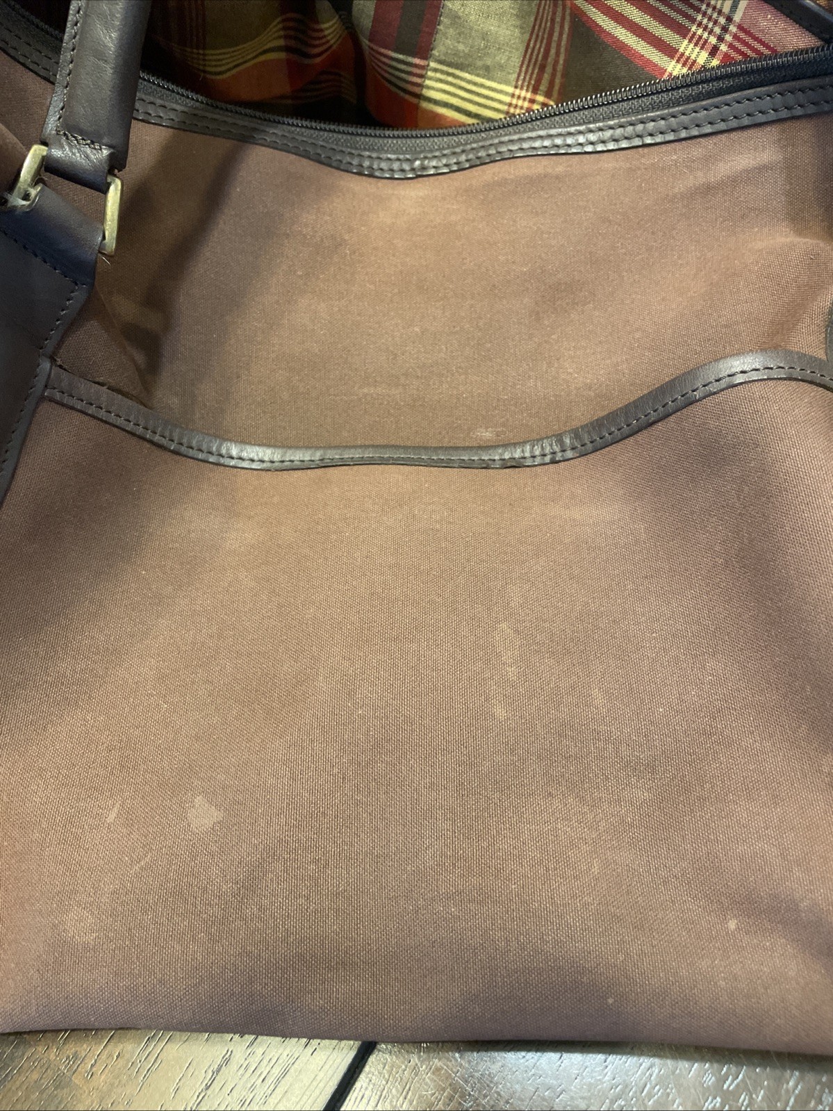 Vintage Canvas And Leather Hartmann Duffle Bag Plaid Lined Interior Approx. 22”