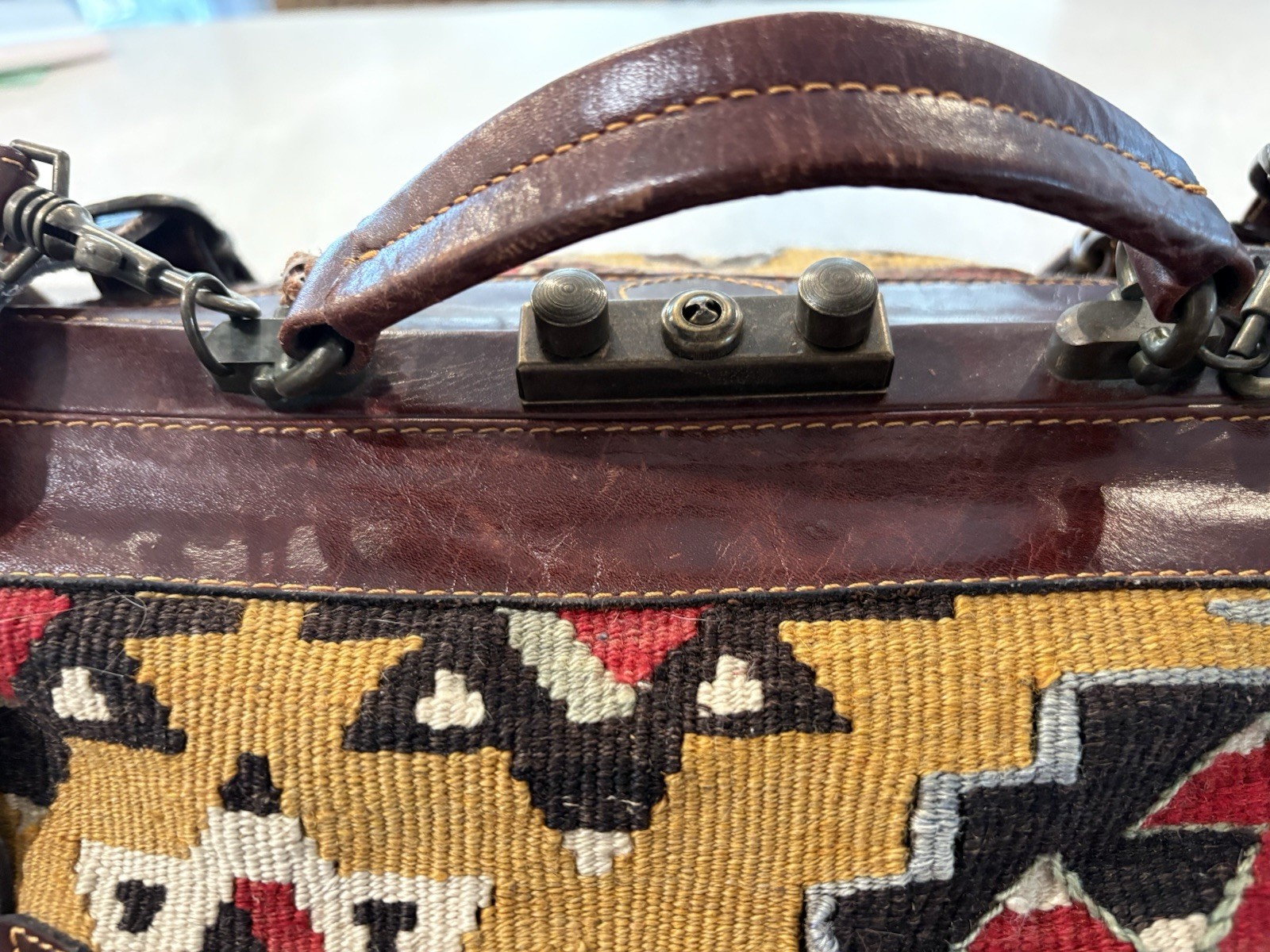 Vintage Leather & Kilim Carry On Travel Weekender Luggage Carpet Bag Overnight