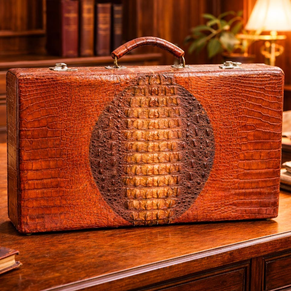 1920s Antique Crocodile Leather European Suitcase Luggage Home Decor Prop