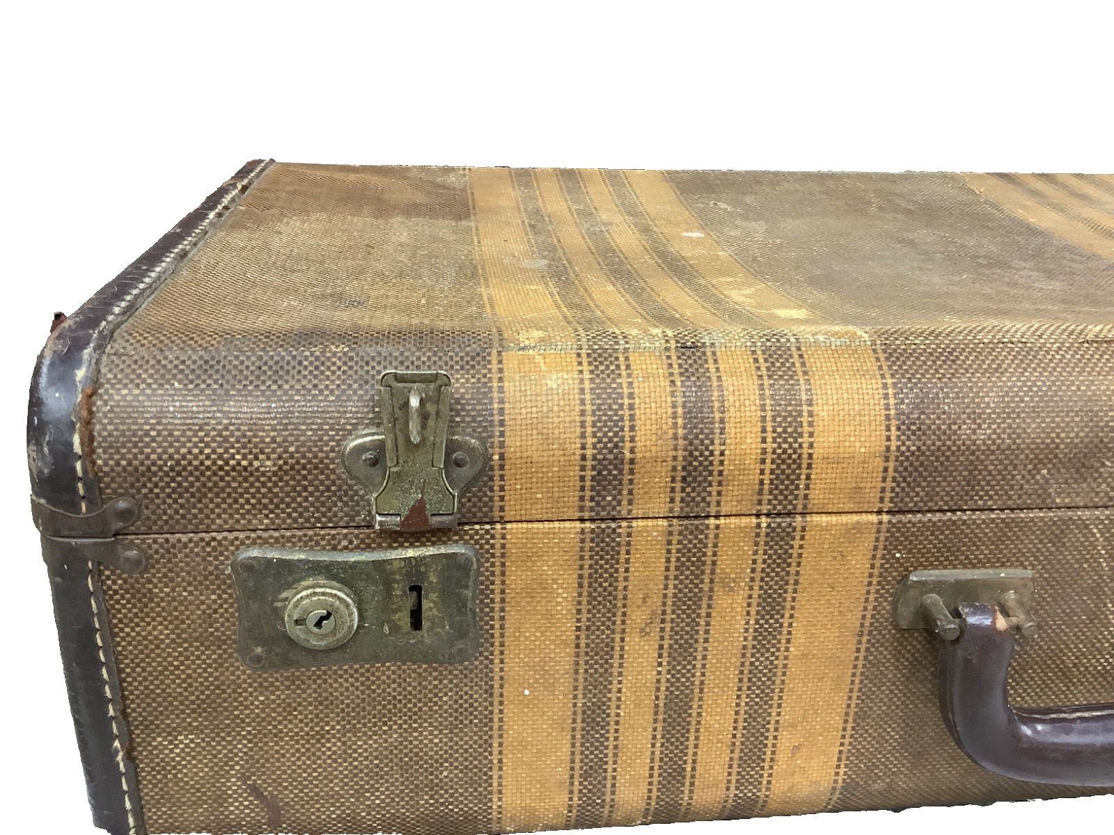 VINTAGE LUGGAGE, HARD SHELL TWEED EARLY TO MID 1900’S, BROWN STRIPES