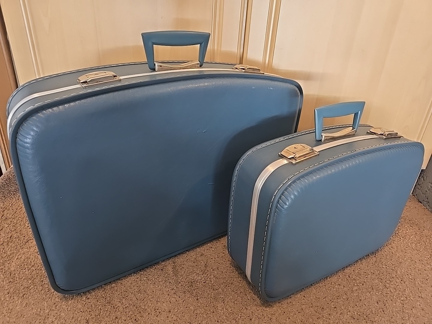 MCM Vintage 1970’s Powder Blue Hard Shell Nesting Luggage Suitcases Set Of 2