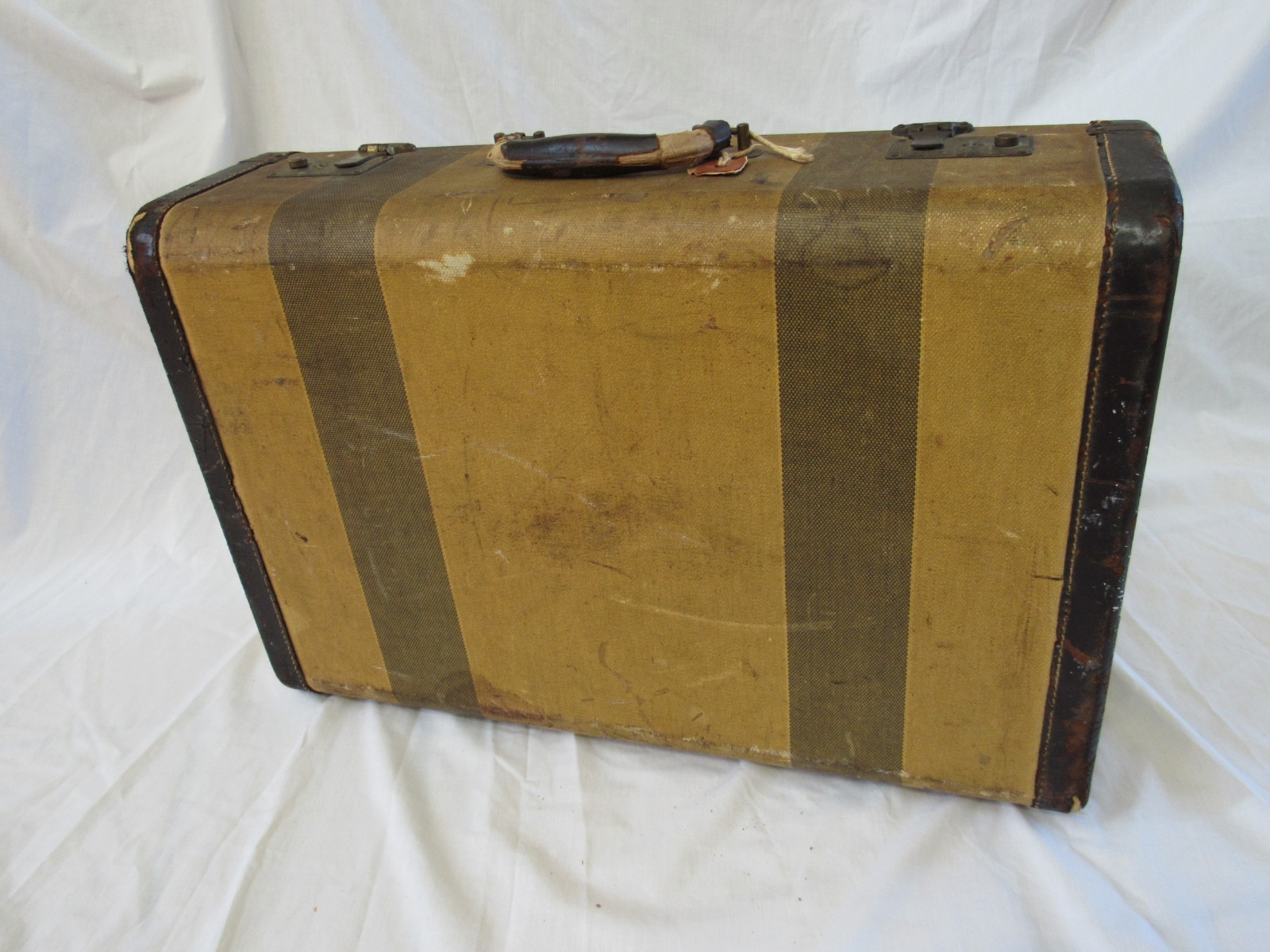 A Vintage Balber Striped Suitcase-Brass Fasteners-Leather Trim & Handle-1930-50s
