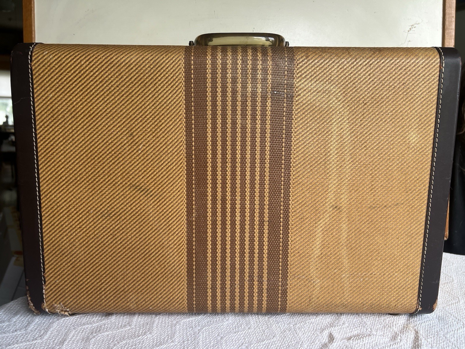 Vintage 1940–50 Striped Tweed Hard Shell Suitcase Brass Hardware Satin Interior
