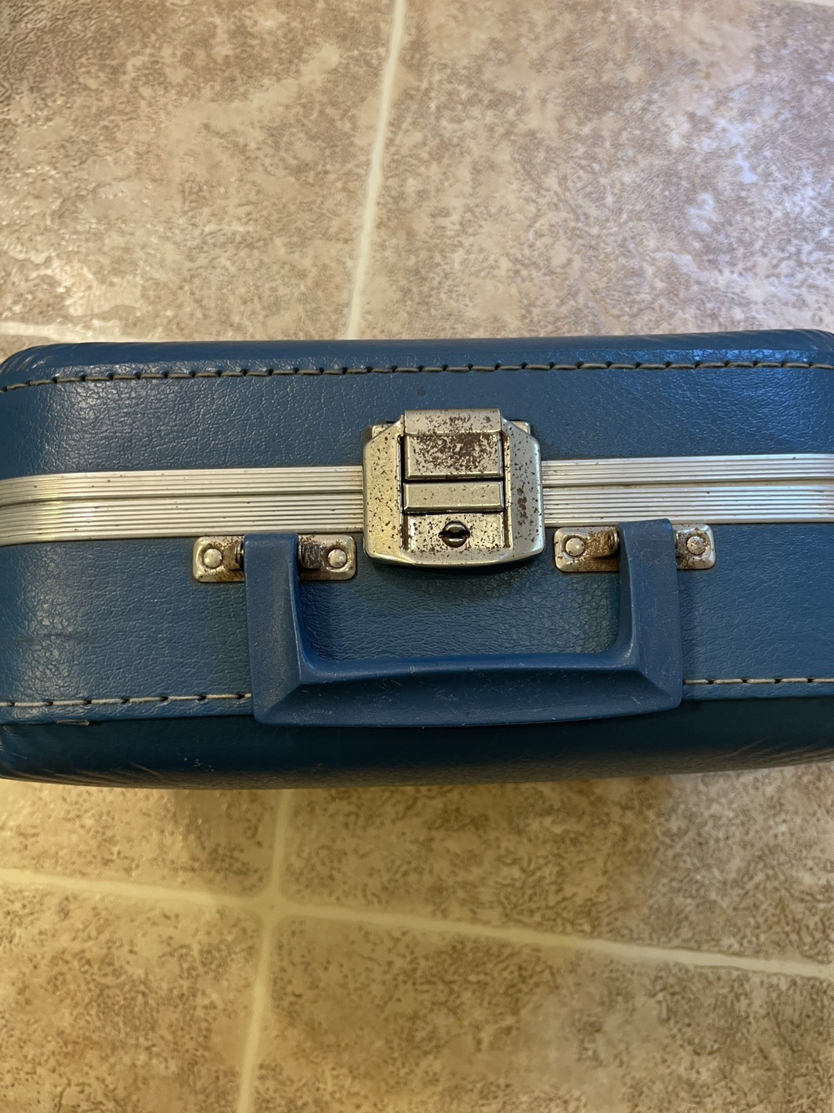 Vintage Going To Grandma’s Small Blue Hardcase Suitcase Boys Overnight